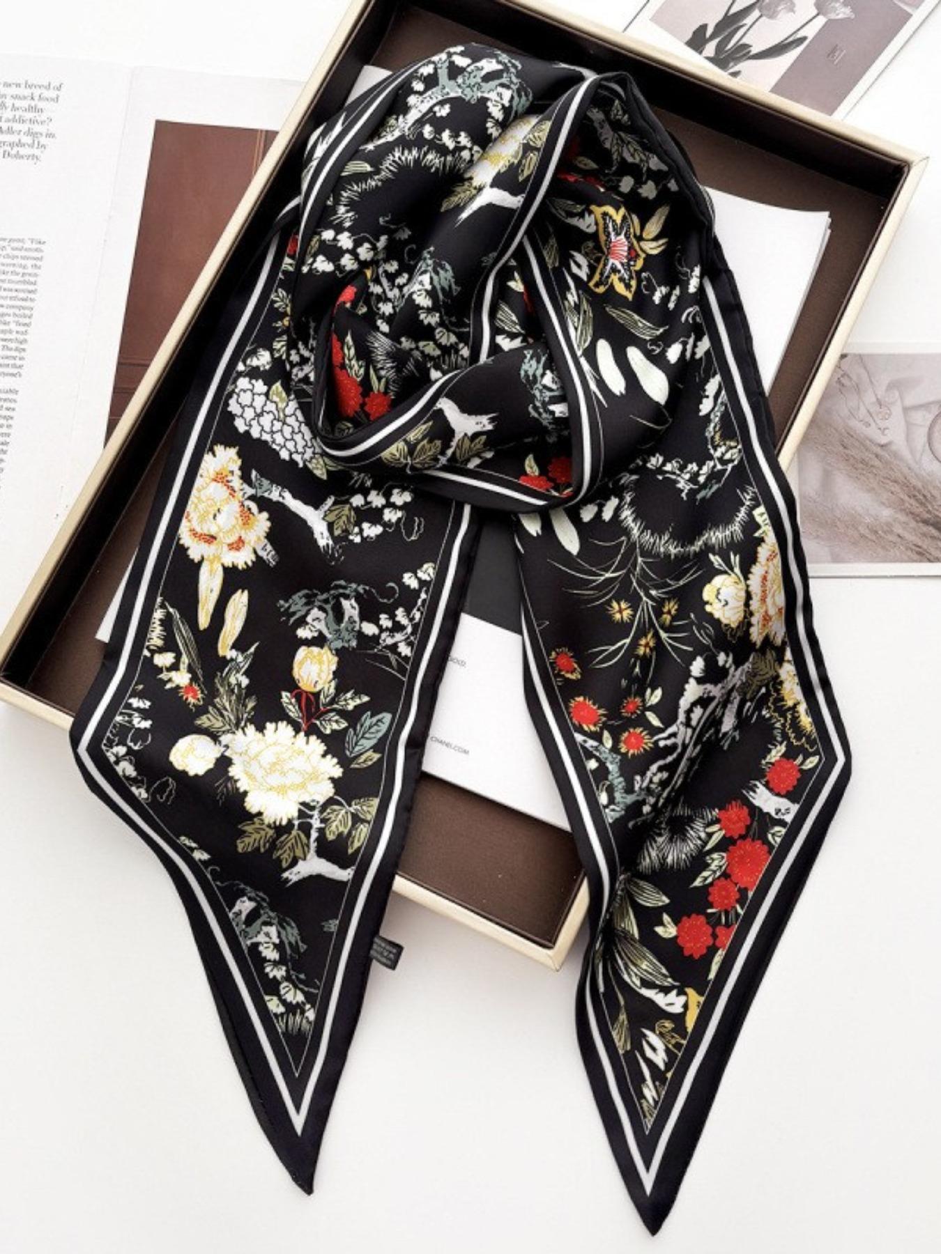 Women's Reversible Silk Scarf, Long Strip Necktie, Dual-Sided Floral Print, Versatile Fashion Accessory, All Seasons Boho Style