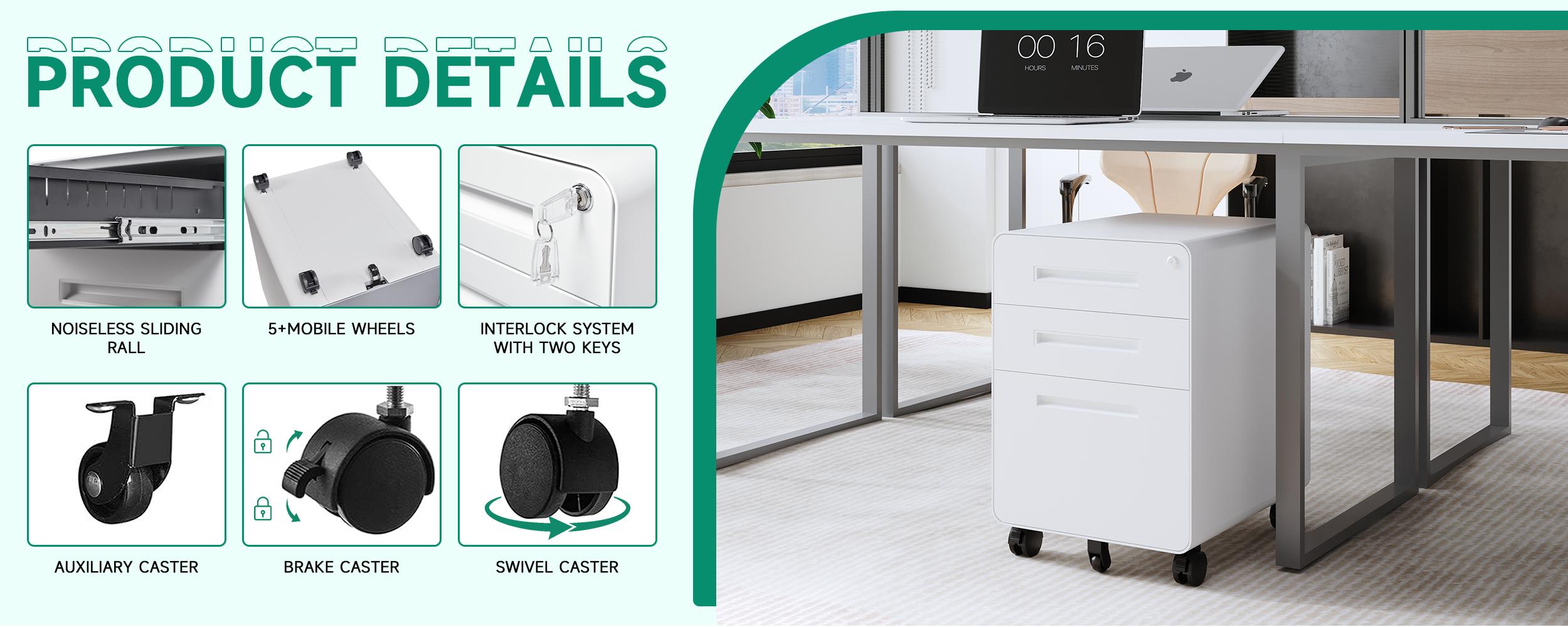 Letaya File Cabinet, 3 Drawer Filing Cabinets for Home Office with Lock Mobile Under Desk Fully Assembled Cabinet