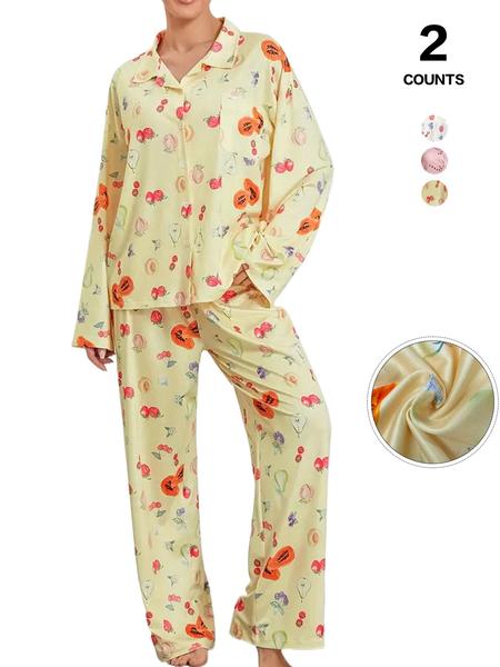 Dancing Again Women's All Over Print Pocket Shirt & Elastic Waist Pants Pyjama, Casual Comfy Button Front Drop Shoulder Collared Top & Trousers Pj Set, Pajamas, Women's Sleepwear & Loungewear for Spring & Fall, Cute Pajama Sets