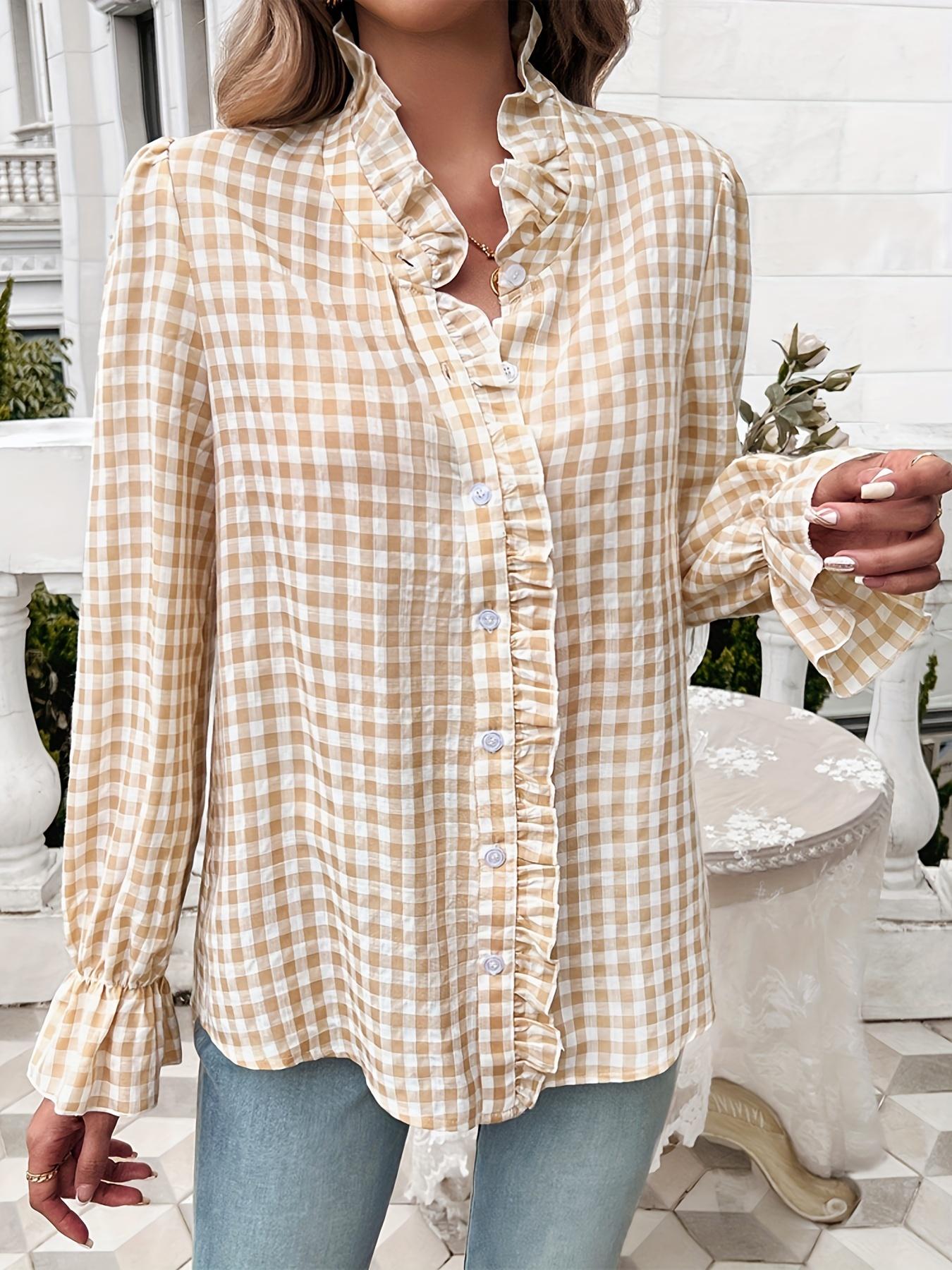 ZAFUL Women's Fashion Plaid Button-Down Shirt - Long Sleeves, Ruffle Detail, Light Blue and White Plaid Pattern, Professional Business Look, Machine Washable