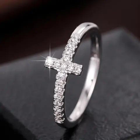 Women's Elegant Rhinestone Decor Cross Design Promise Wedding Ring for Gift, Trendy Exquisite Engagement Ring, Pave Ring, Chic Luxury Jewelry As Gift for Girlfriend, Valentine's Day, Gift, Promise Ring Gf, Beautiful Rings