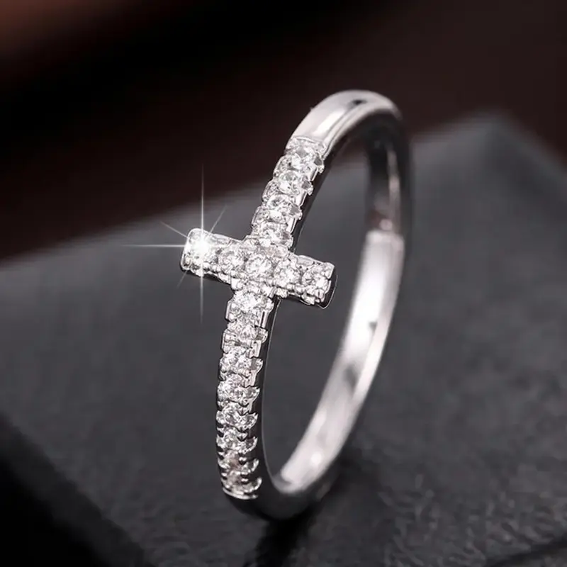 Women's Elegant Rhinestone Decor Cross Design Promise Wedding Ring for Gift, Trendy Exquisite Engagement Ring, Pave Ring, Chic Luxury Jewelry As Gift for Girlfriend, Valentine's Day, Gift, Promise Ring Gf, Beautiful Rings