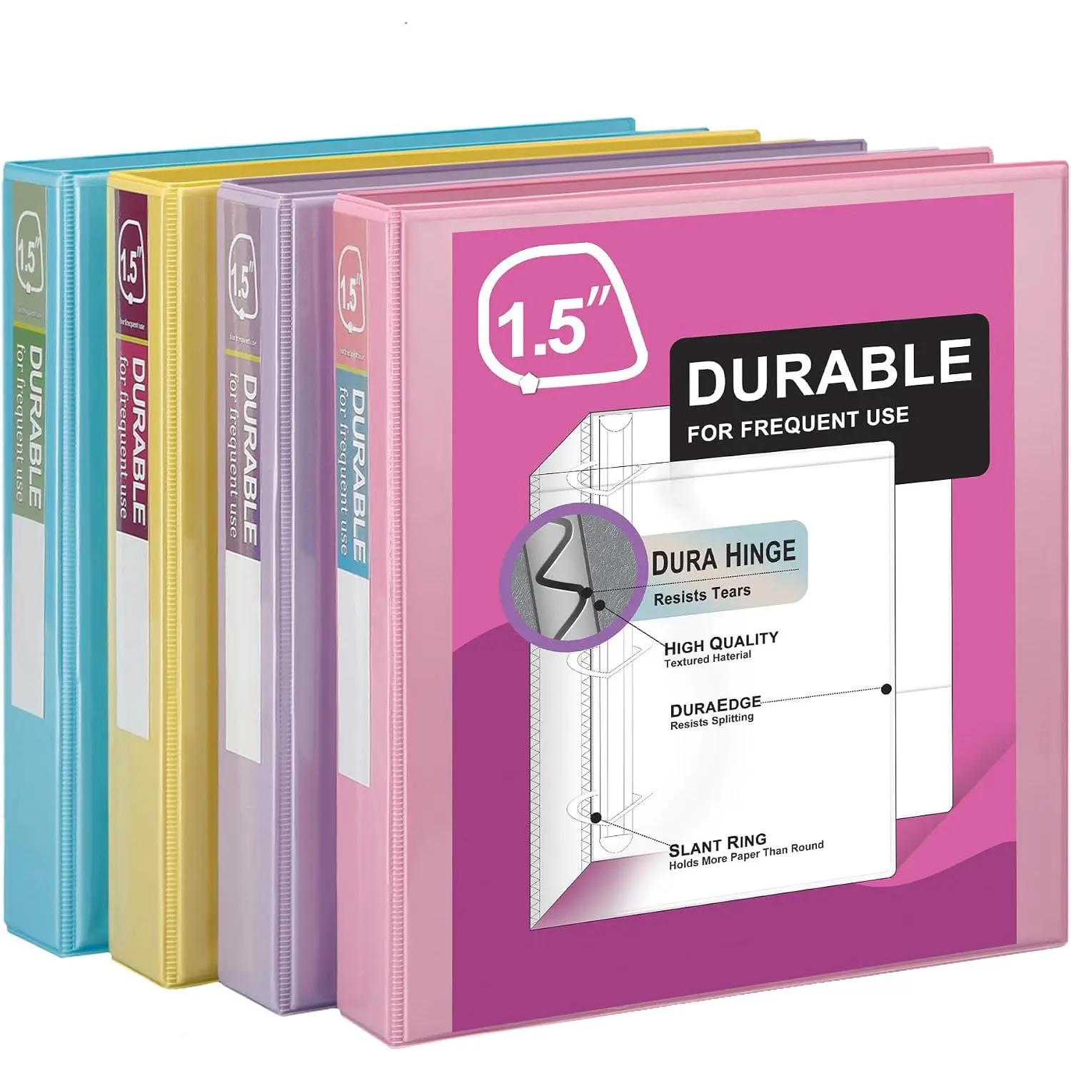 Pastel 3-Ring D-Ring Binders, 1.5 in Economy 4-Pack, Durable Presentation View Binders for School Office, Each Holds 300 Pages, Holds Pages