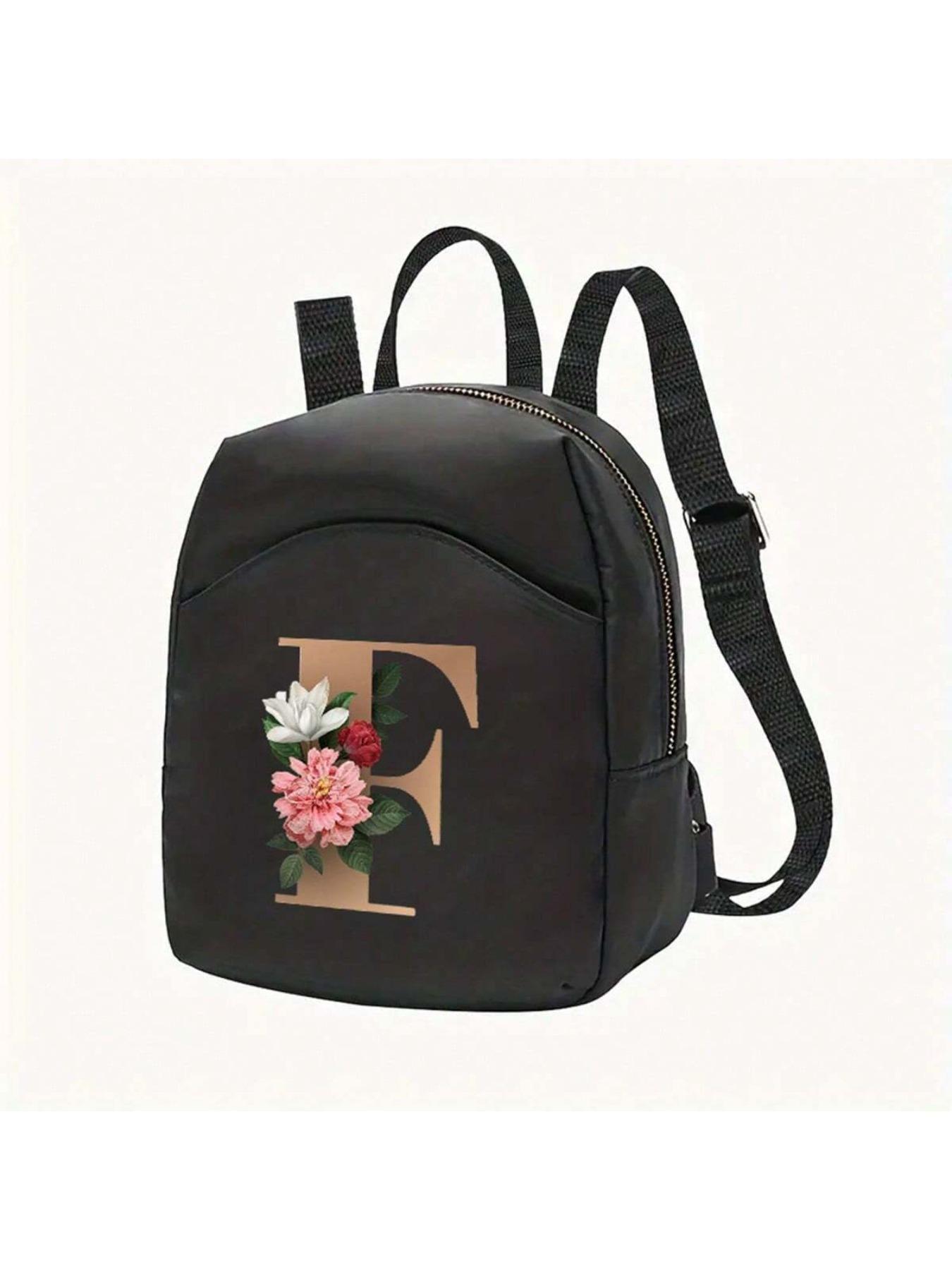 Fashion Floral Letter Backpack, Perfect for Casual Travel and School, Small Floral Letter Print, Convenient Zipper, Daily Use, Shopping and Groceries