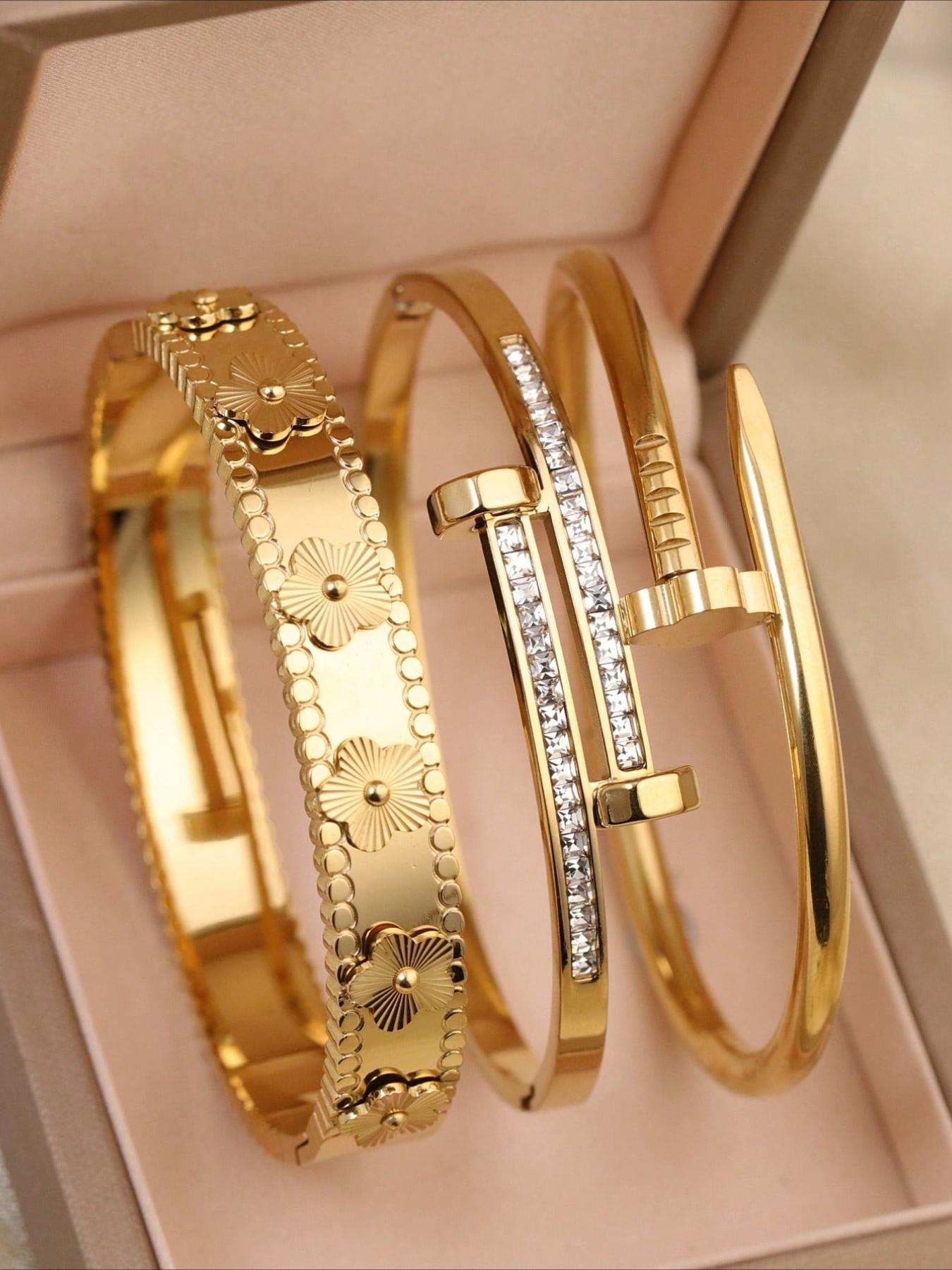 3 Pcs 18K Gold-Plated Stainless Steel High Quality Bracelet, Stackable Bracelets, Luxurious Cubic Zirconia Exquisite Trendy Bracelet, Suitable for Daily Wear and Women's Gatherings, Wedding Jewelry Gifts for Women and Girls