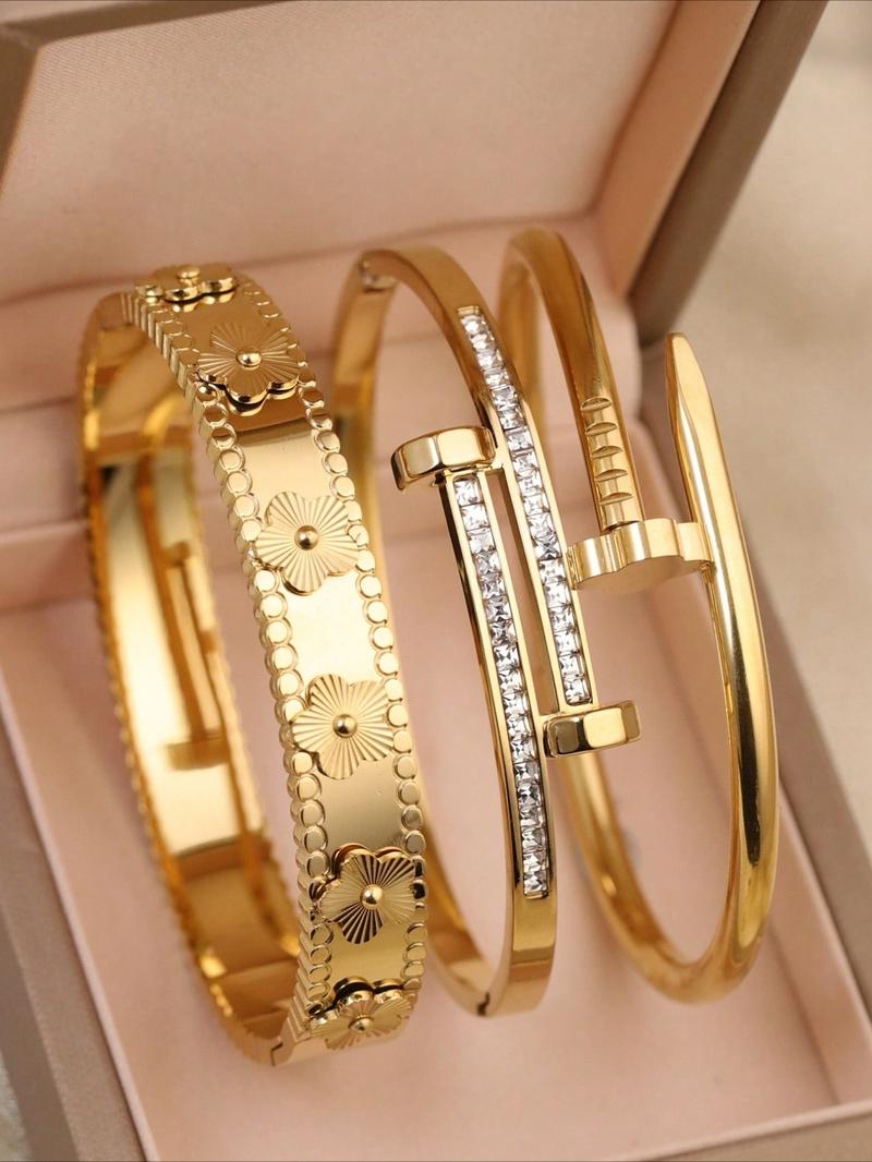 3 Pcs 18K Gold-Plated Stainless Steel High Quality Bracelet, Luxurious Cubic Zirconia Exquisite Trendy Bracelet, Suitable for Daily Wear and Women's Gatherings, Wedding Jewelry Gifts for Women and Girls