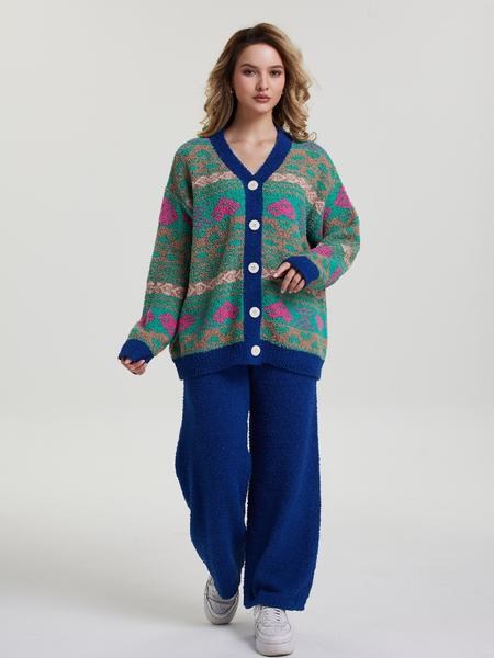 Two-picec  Women's Vintage Style Home Set, Knit Cardigan & Deep Blue Wide-Leg Pants, Pop Art Pattern, Thick Fabric, Fall Winter Boho Loose Fit