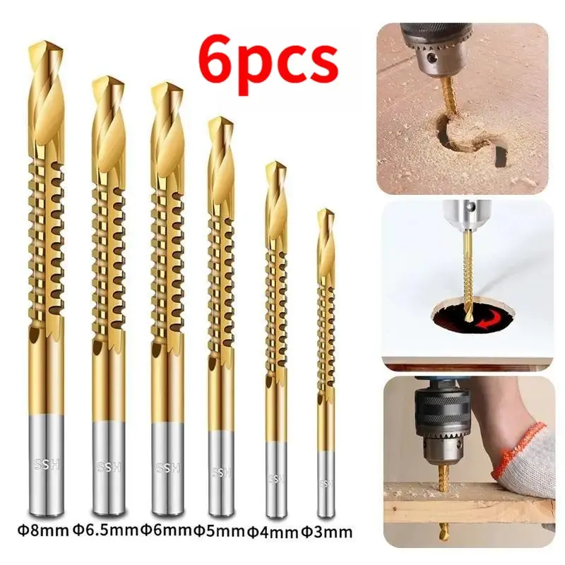 6Pcs HSS Saw Drill Bit Set, Drill Bit Kit, Multi-function Serrated Twist Drill Bits, Dual Use for Metal Wood Drilling & Grooving, Fit Electric Drill