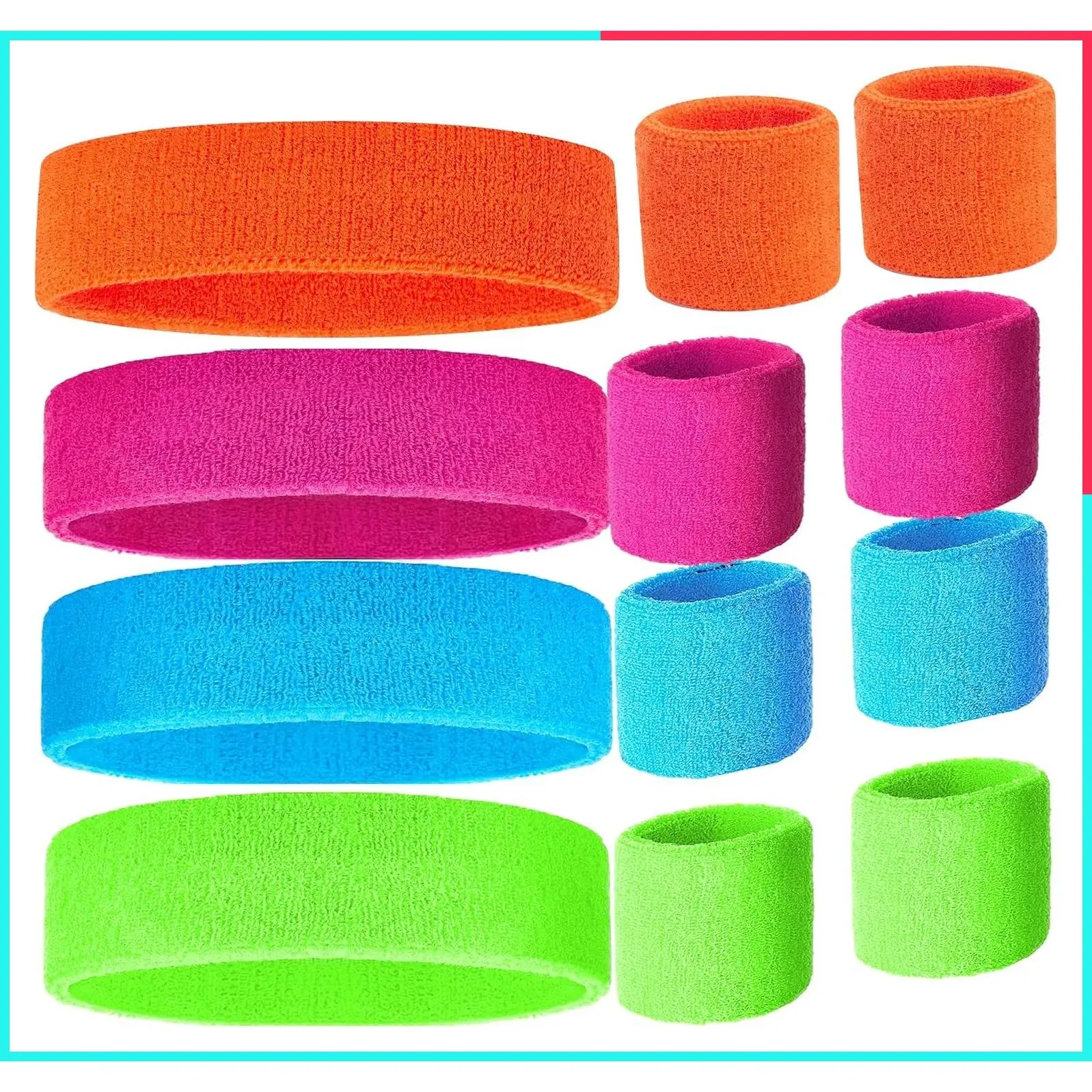80s Sweatband Set - Sports Headbands & Wristbands in Neon Colors for Women, 80s Party Accessories, Colorful Sweat Bands