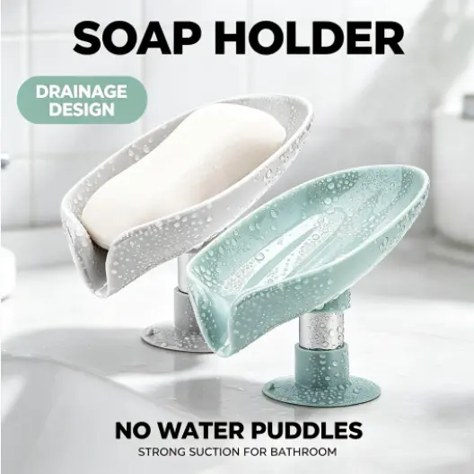 2 Pack Soap Holder Leaf-Shape Self Draining Soap Dish Holder, Not Punched Easy Clean Bar Soap Holder, with Suction Cup Soap Dish Suitable for Shower, Bathroom, Kitchen Sink (Grey + Green)
