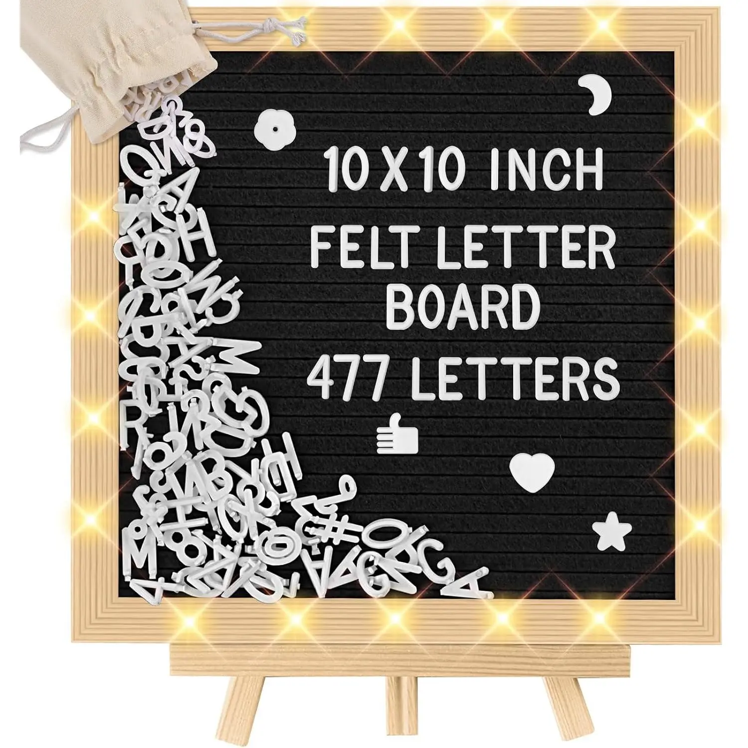 10 x 10 in Felt Letter Board with LED Lights,Changeable Message Board-Black | with Wooden Frame and Wall Mount Hook,Letter Board with 477 Letters for  Announcement /  /  Decor