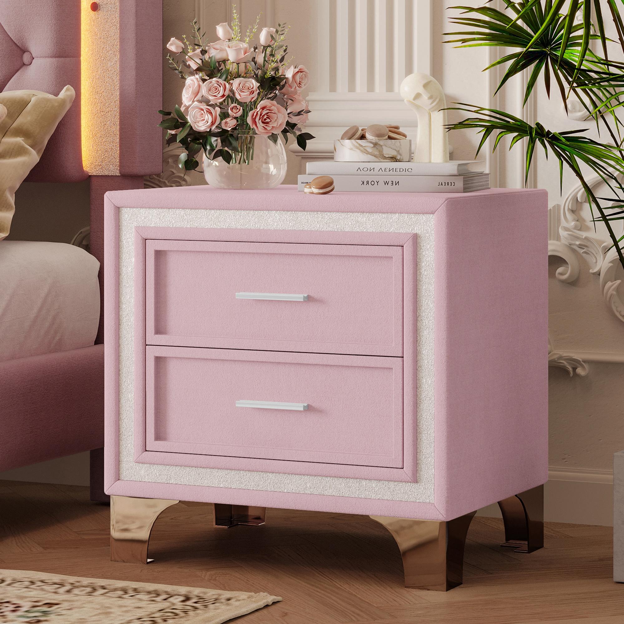 2-Drawer Nightstand with Silver Glitter Strip Decor and Metal Legs, Vintage Upholstered Nightstand, Velvet Bedside Table for Bedroom (Pink) 2-Drawer Nightstand with Silver Glitter Strip Decor and Metal Legs, Vintage Upholstered Nightstand, Velvet Bedside Table for Bedroom (Pink)