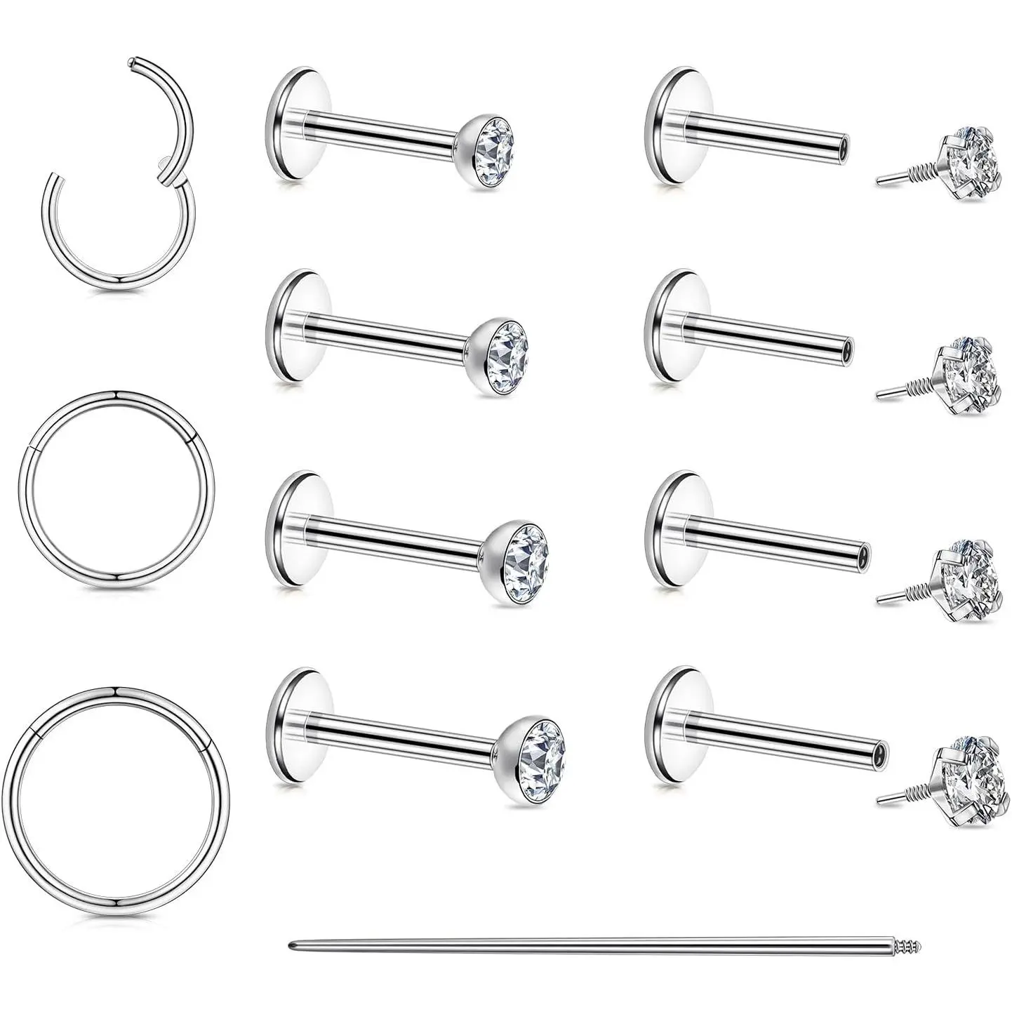 12 count Flat  Studs Nose Earrings 18G 16G Thread Hoops Push in Flat  Stainless Steel Cartilage Studs Tragus Conch Helix   with Different Size AAAAA+ Ziron