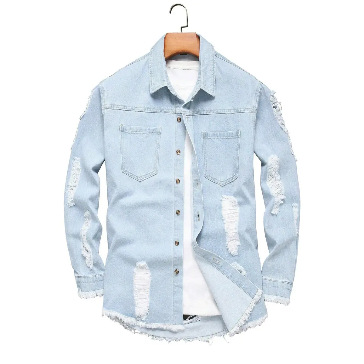 Men's Light Blue Denim Jacket Casual Streetwear Shirt, Vintage Washed Distressed Jean Jacket with Ripped Detail and Button Closure, Fashion Long Sleeve Clothing for Daily Wear, Trendy Comfortable Menswear Outfit