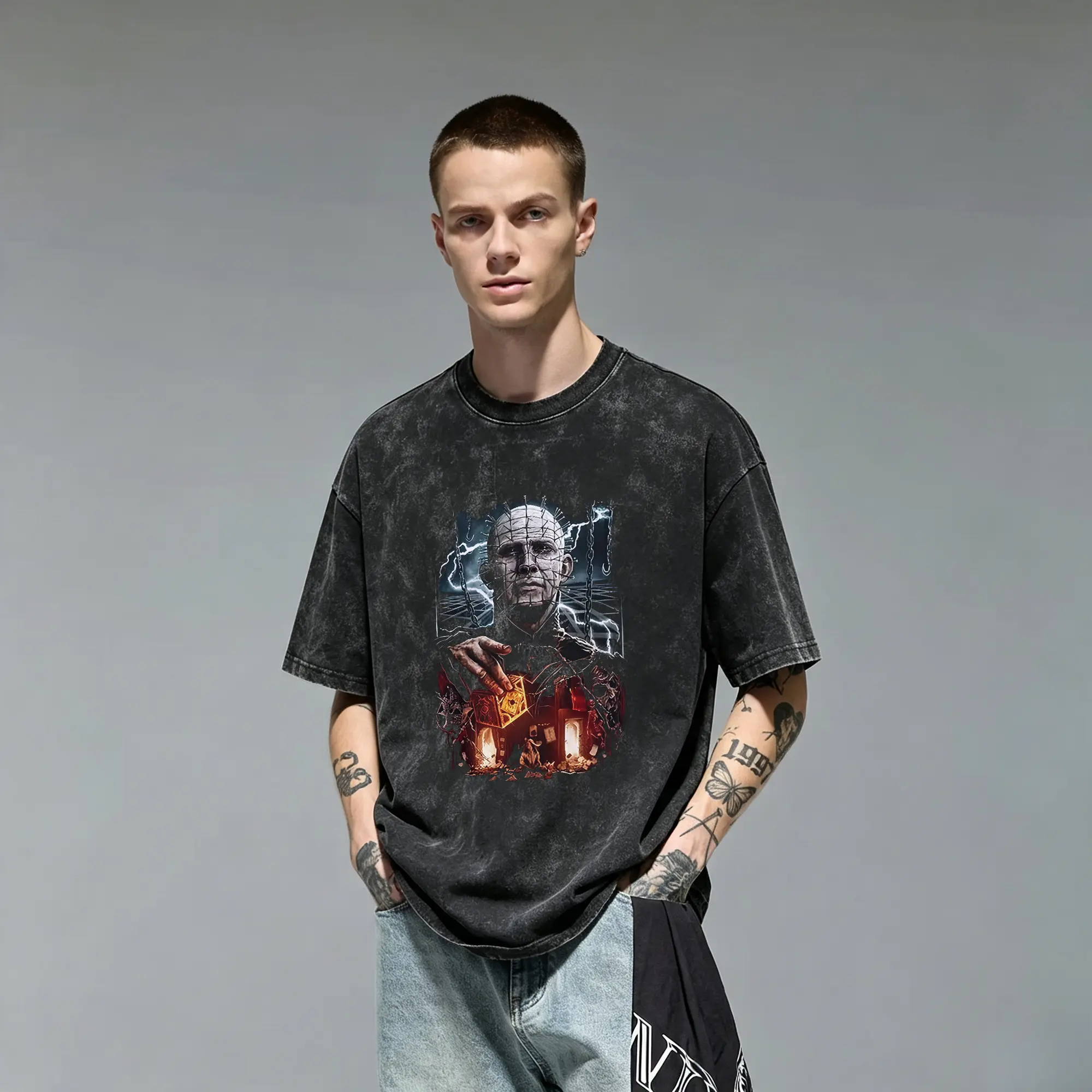 Hellraiser Pinhead Horror Movie Creepy Spooky Halloween Art Vintage Washed Loose Fit Acid Wash Oversized 100% Cotton Graphic Tee T-Shirt for Men Novelty Gift Cutting Ideas Teen Boys Edgy Alternative Gothic Grunge Aesthetic Casual Streetwear Top
