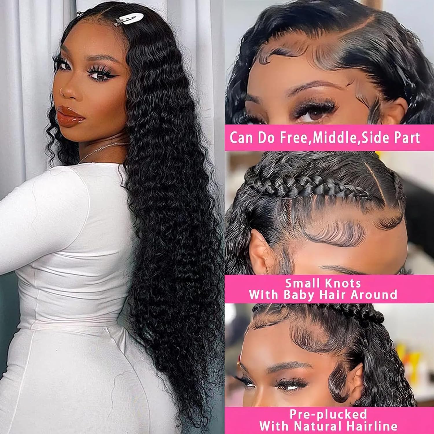 Bling Hair Deep Wave 13x4 Lace Front Wig Human Hair 180% Density HD Transparent Deep Curly for Women Pre Plucked With Baby Hair Lace Frontal Human Wig