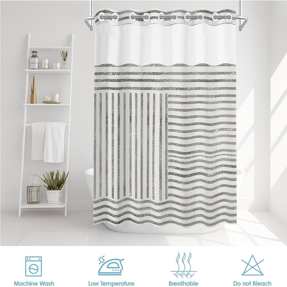 1pc hookless removable shower curtain with buckle lining, black and white striped geometric patchwork design, 2D flat printing, fabric waterproof lining, see-through double-layer shower curtain, 71 x 74 inches, modern home draping curtain
