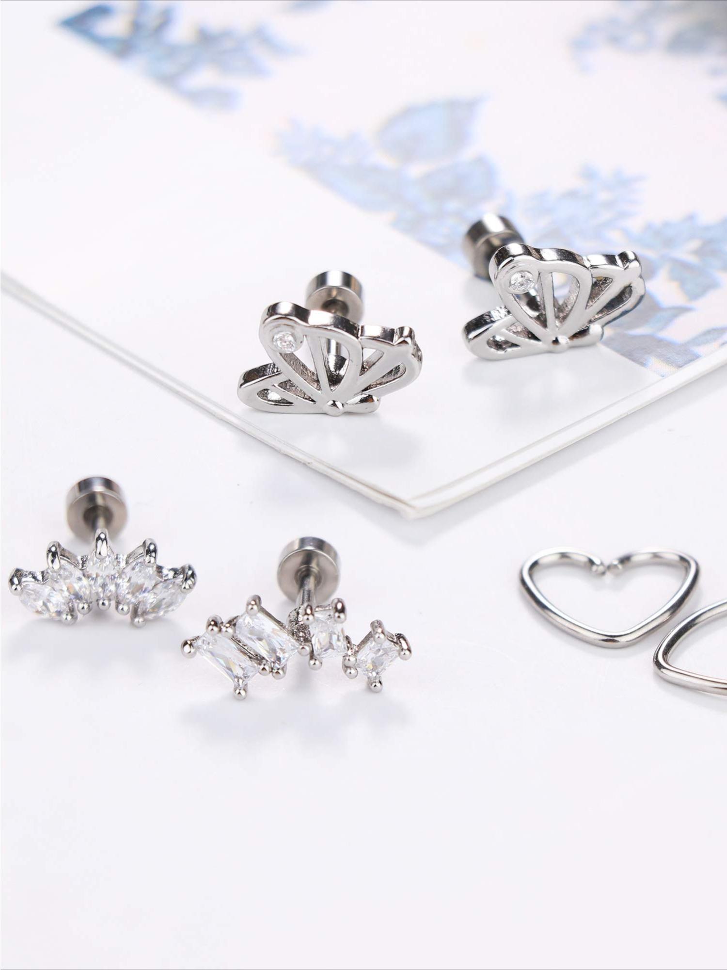 23 Pcs Silvery Multi-Piercing Earring Set for Women Men Stackable Styles in Hypoallergenic Stainless Steel Sparkling CZ Studs Lovely Tiny Feather Butterfly Heart Pendants Minimalist Mini Hoops for Diversified Layered Ear Styling