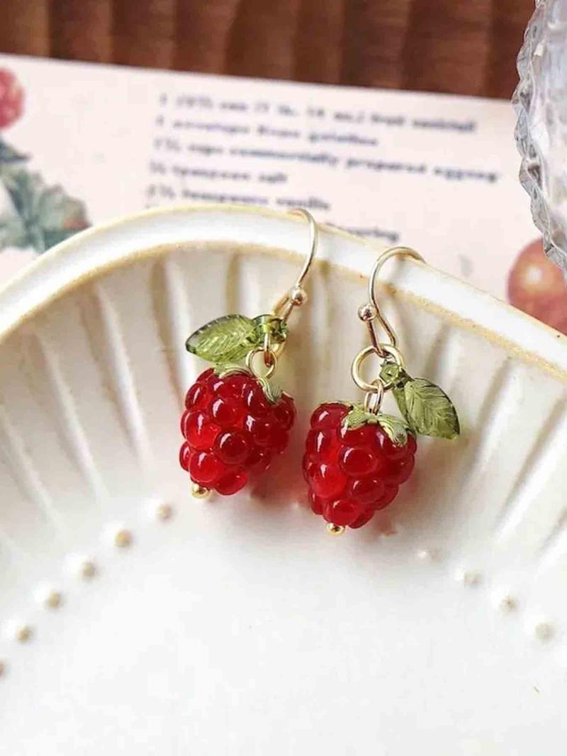 Women's Raspberry Fruit Dangle Earrings Set, Fashionable Sweet Design, Party & Vacation Style, Unique Women's Jewelry Accessories
