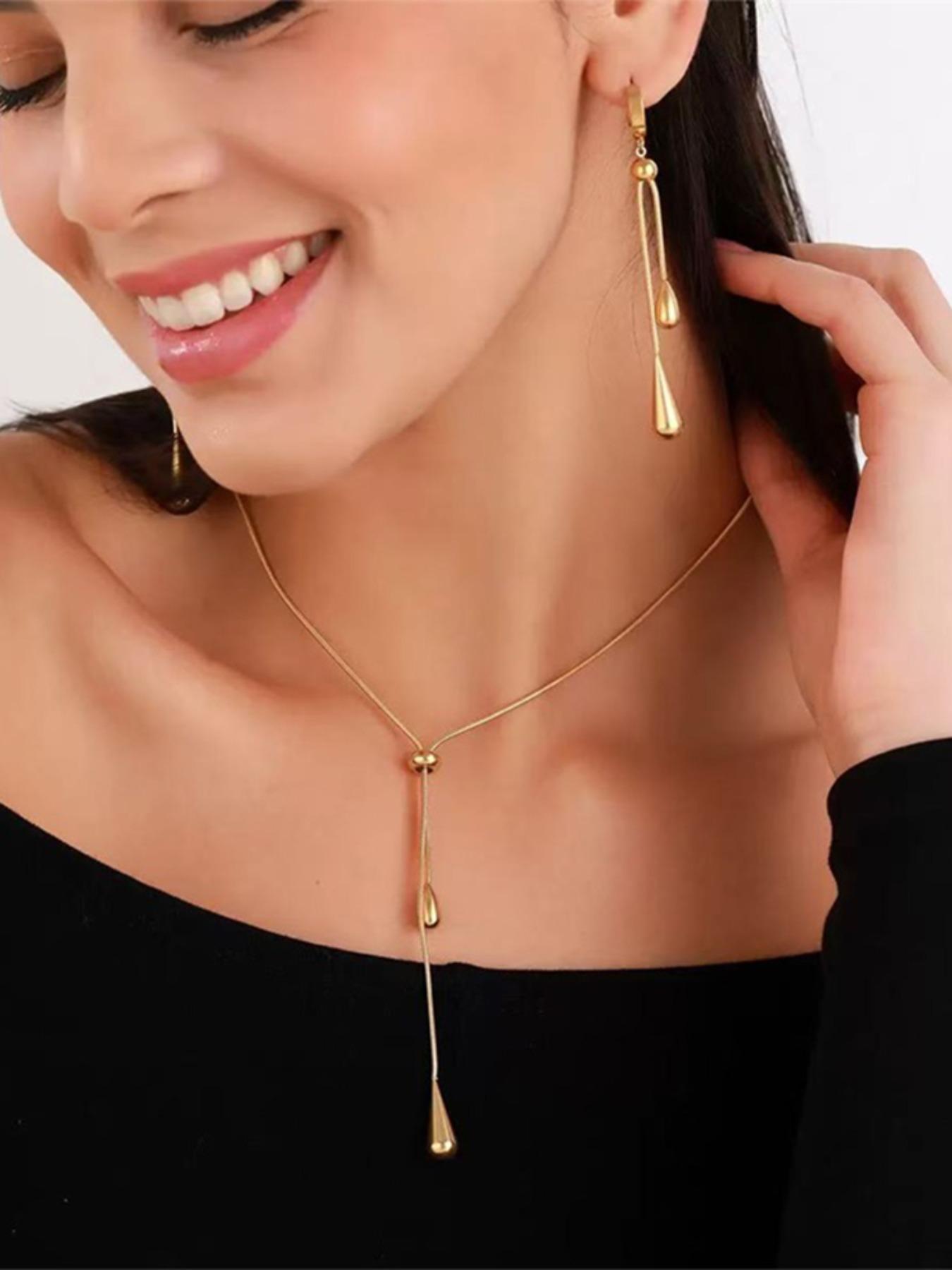 2Pcs 316L Stainless Steel Adjustable Water Droplet Tassels Necklace Earrings Women New Golden Fashion Jewelry Set Party Gifts