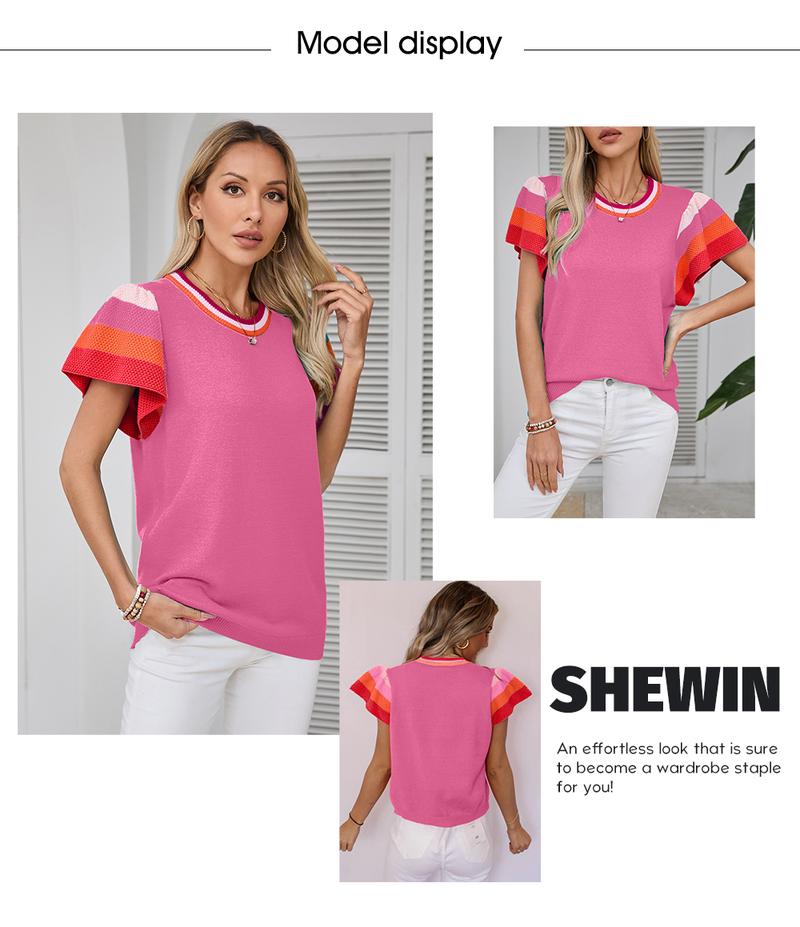 Shewin 2026 Spring/Summer Women's Color Block Short-Sleeve Soft Knit Pullover Round Neck Loose Fit Lightweight Versatile Everyday Knitwear Elegant Chic Solid