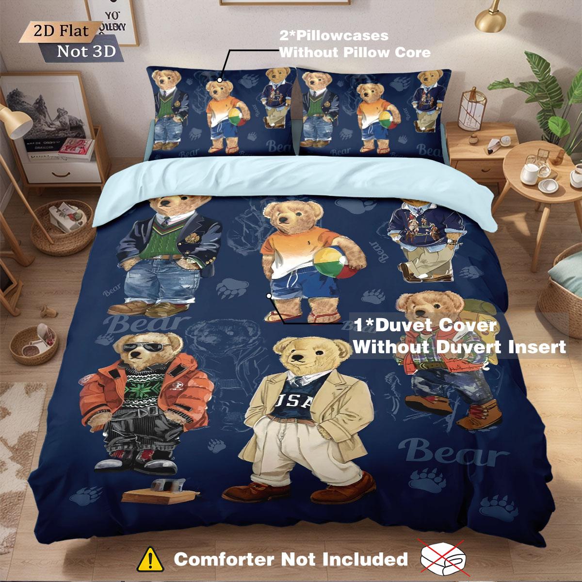 3pcs COOL BEAR Print Soft Bedding Set with Includes 1* Duvet Cover and 2*Pillowcases, No filling，Perfect for Patriotic Bedding Gift, Home Decor, Bedroom Accessories