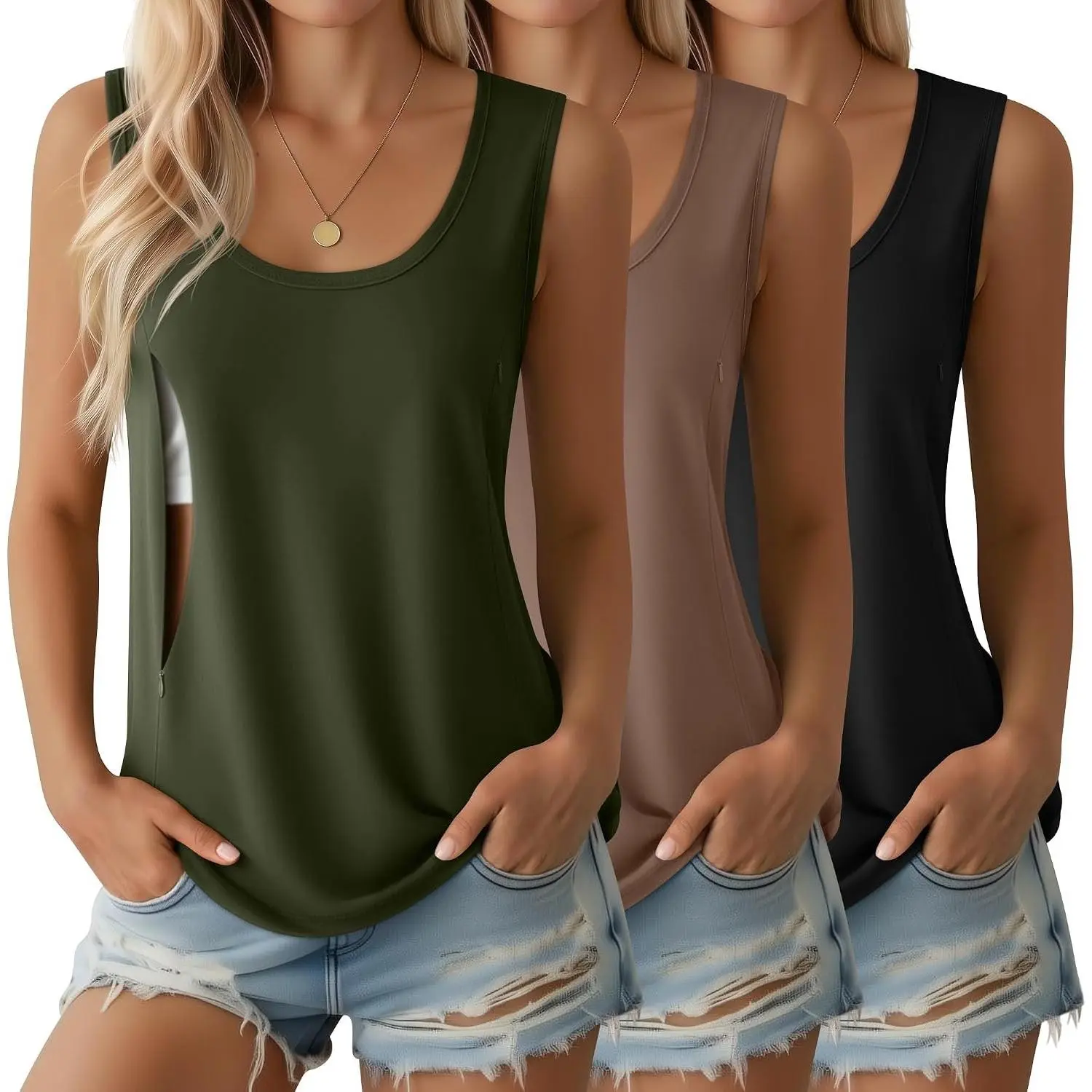3 Pack Women's Nursing Tank Tops | Hidden Zippers, Breastfeeding Sleeveless Shirts, Loose Fit, Maternity Tops, Postpartum Tees, Summer Pumping Outfits