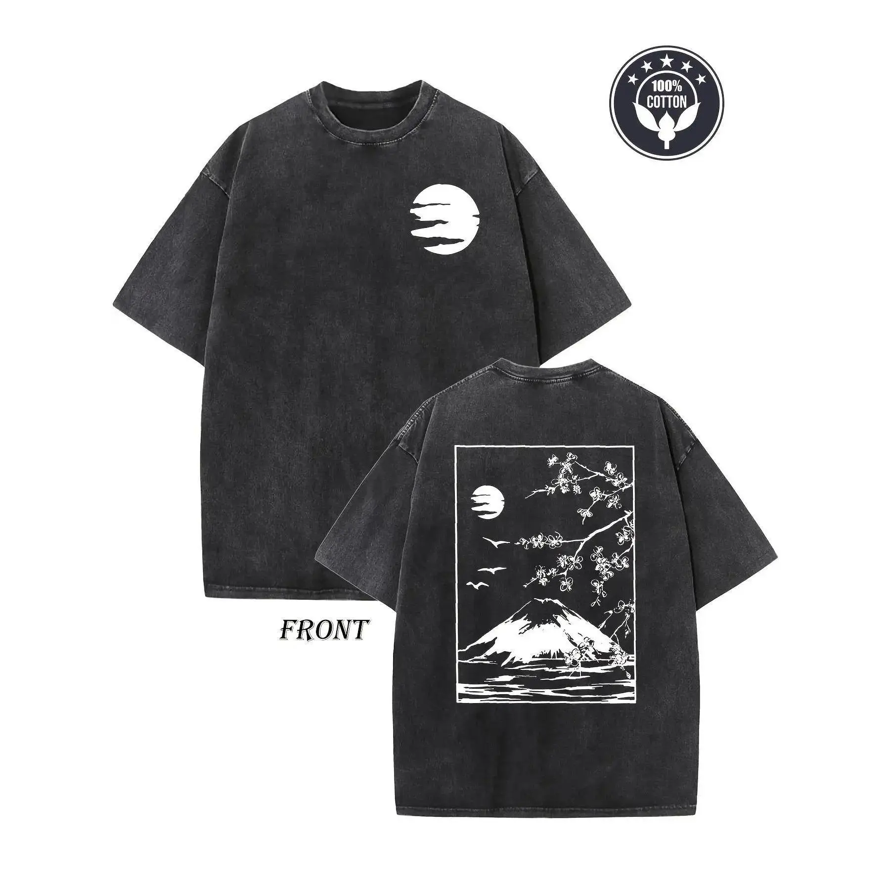Vintage Japanese Fuji Mountain & Cherry Blossom Graphic T-Shirt - Traditional Oriental Landscape Minimalist Acid-Washed Oversized Streetwear Tee