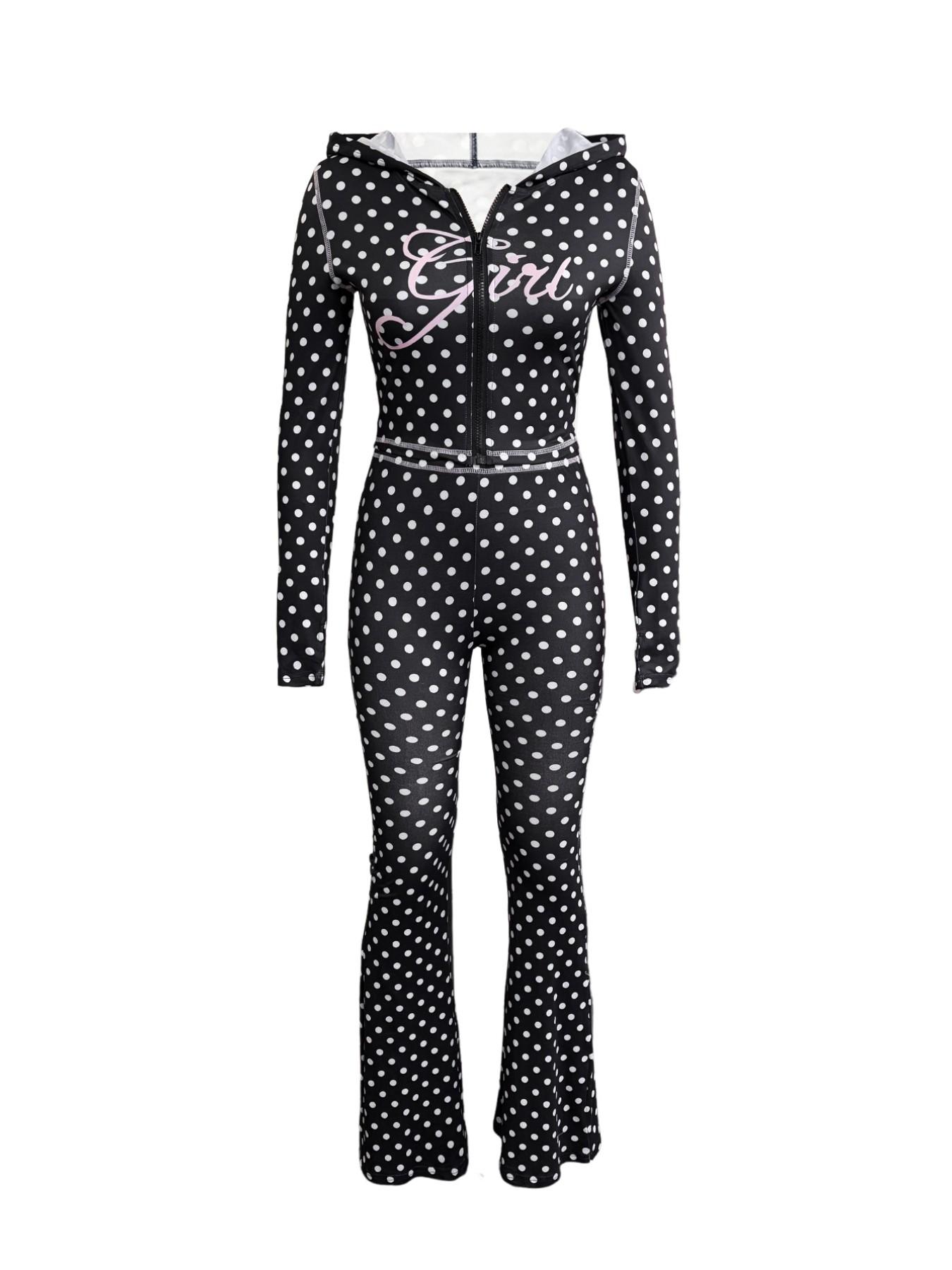 LovelyWholesale Women's Casual Sporty Vintage Polka Dot Letter Print Hooded Long Sleeve Crop Top and Wide Leg Pants Set, Colorblock Zipper Design