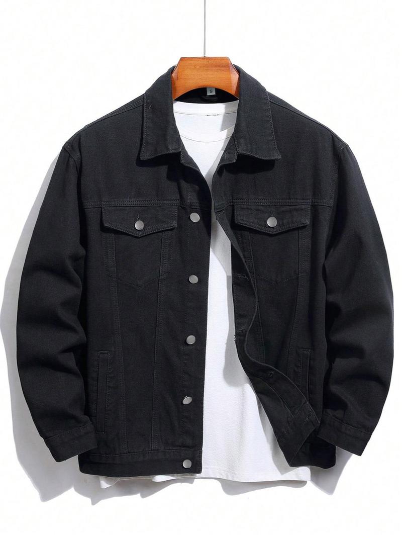 Men's Solid Color Denim Jacket, Loose Casual Fashion Comfy Long Sleeve Button Front Outerwear for Daily Wear, Men's Clothing for All Seasons Men's Solid Color Denim Jacket, Loose Casual Fashion Comfy Long Sleeve Button Front Outerwear for Daily Wear, Men's Clothing for All Seasons