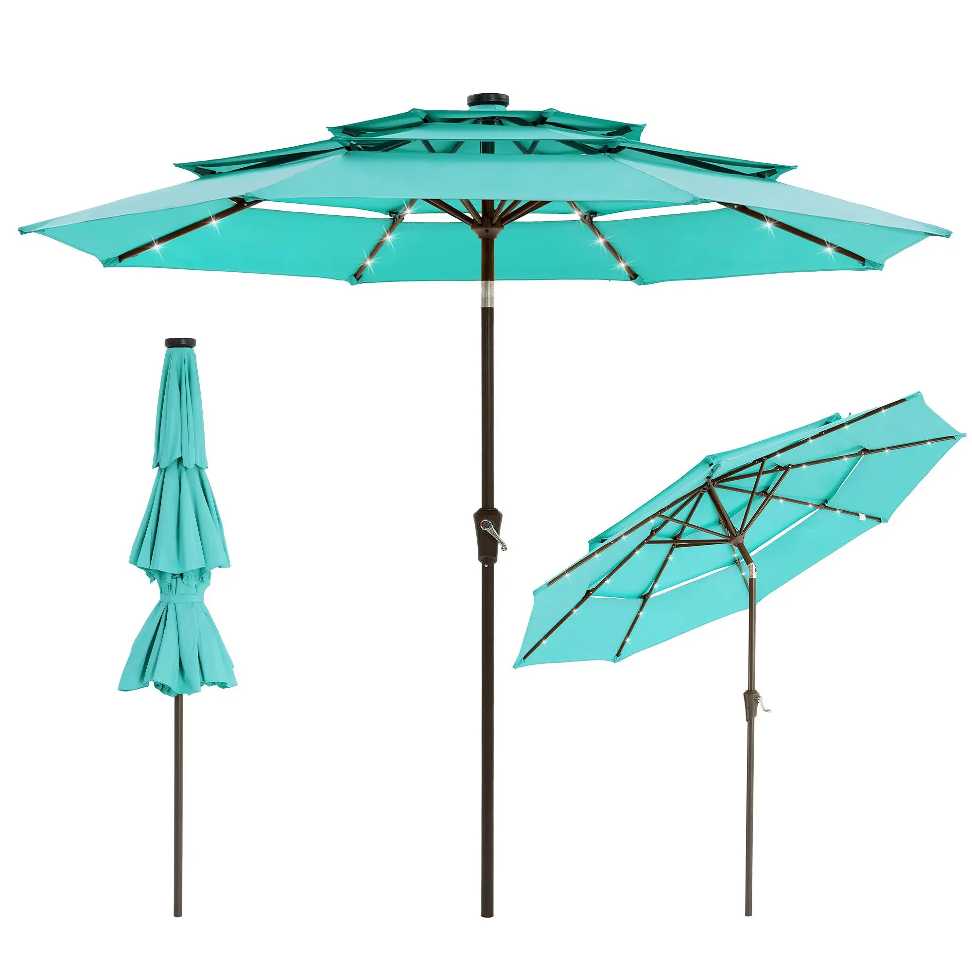 9FT 3-Tier Solar Patio Umbrella with 24 LED Lights, Waterproof, UV-Resistant, Tilting Crank, 8 Sturdy Ribs