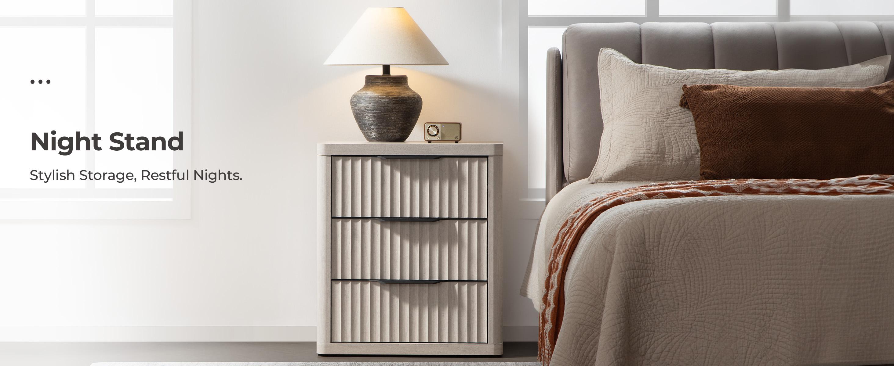 SICOTAS Night Stand Set of 2 Nightstands with 3 Drawers Storage Bedside Table Large Fluted Bed Side End Table Modern 25.6" Tall Wide Mid Century Night Stands for Bedroom Living Room Sofa Couch Office, Minimalist and Practical