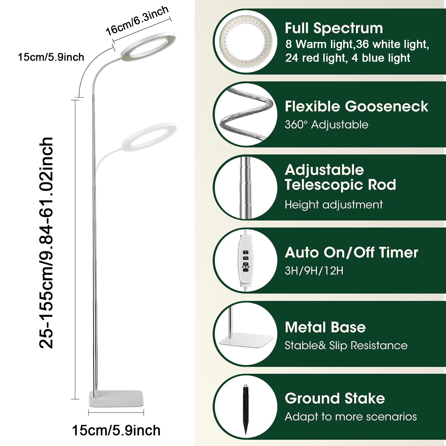 Serbasic Full Spectrum Grow Lights for Indoor Plants LED Floor Plant Light with Base and Earth Stick Dual Purpose Adjustable Height Stand 155cm/61inch for Large Plant 3 Switch Light Mode Auto Timer 3/9/12H 10 Level Brightness for Indoor Plants High Plants