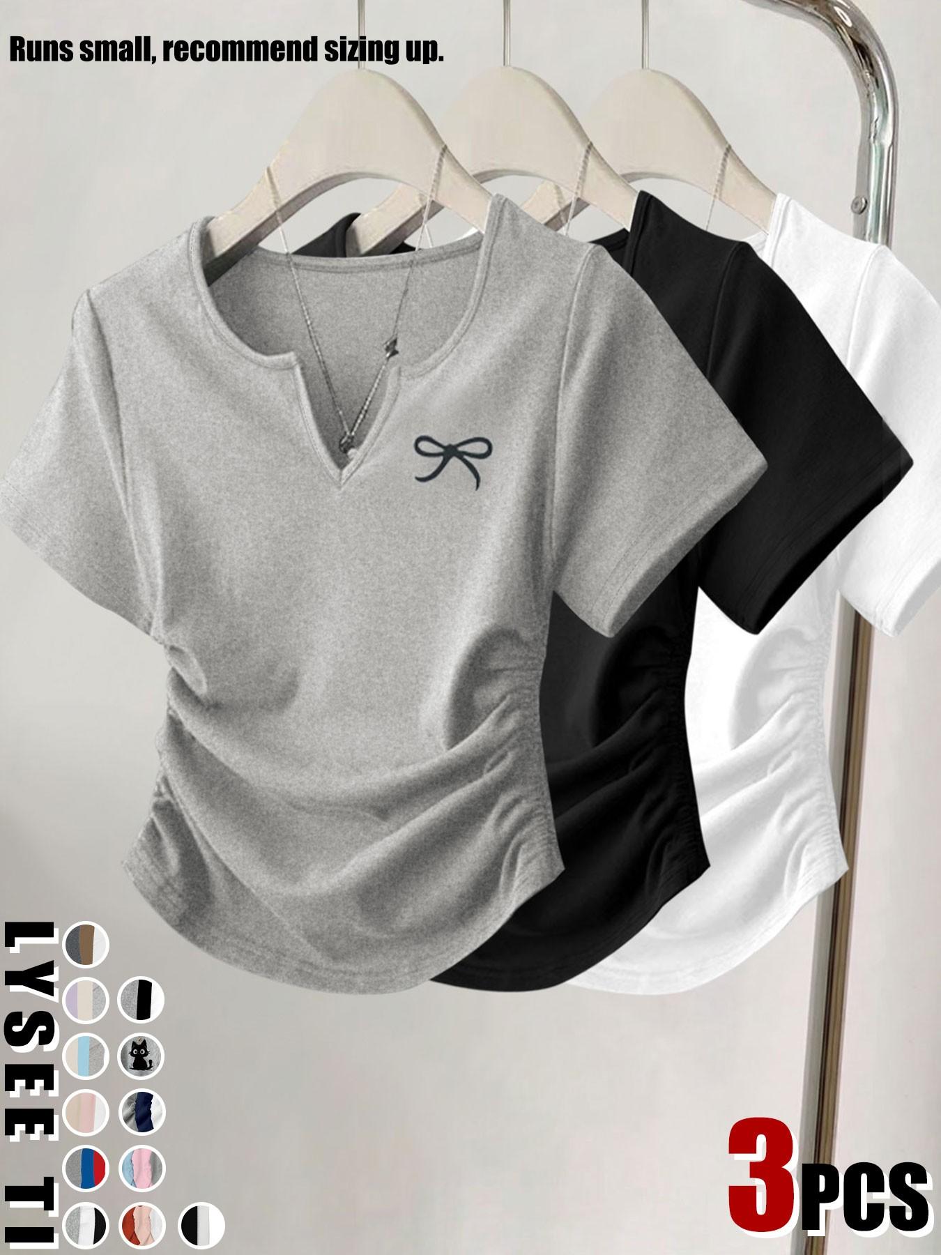 3pcs/1pc women's casual fashion slim fit small bow print details simple solid color pleated pullover shirt women's round neck short sleeved three piece T-shirt