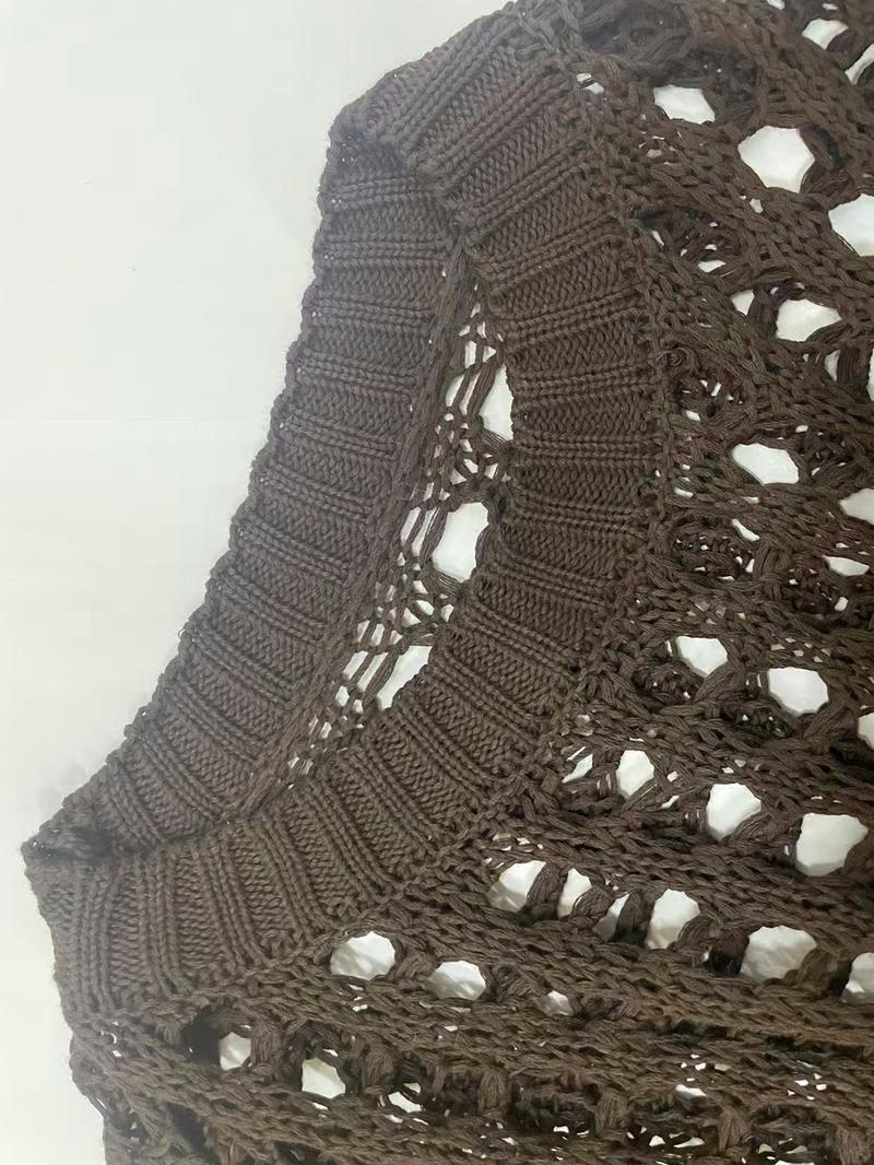 Women's Solid Color Round Neck Hollow Out Long Sleeve Lace Knit Dress Sweater, Casual Fashion, Perfect for Fall & Winter