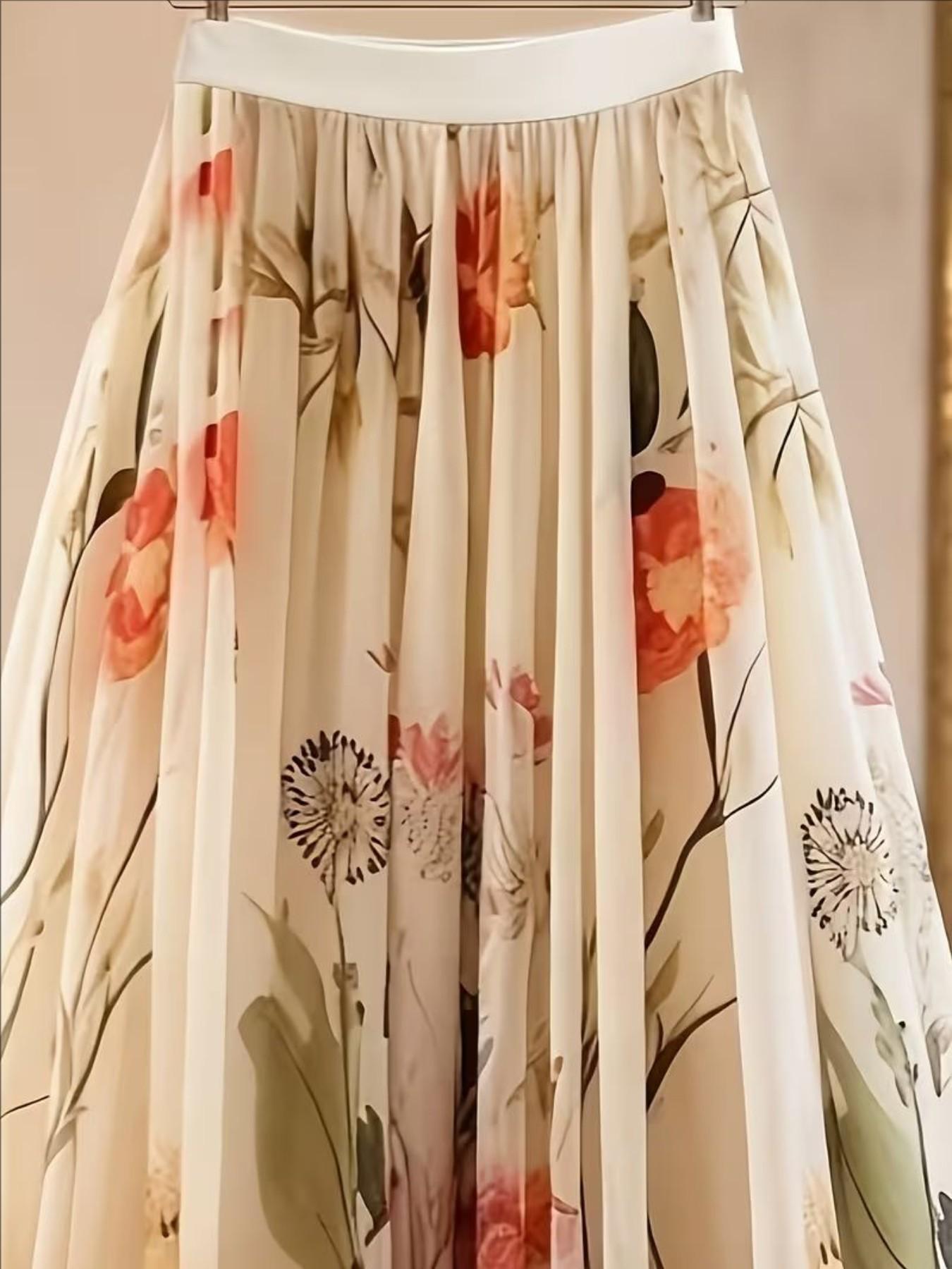 Women's Floral Print Long Skirt, Sheer Mesh Material, Elegant Half-Length Dress, Perfect for Casual & Special Occasions
