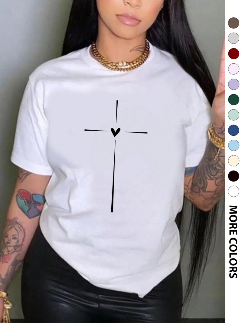 Women's Cross & Heart Print Round Neck Tee, Fashion Casual Crew Neck Short Sleeve T-Shirt for Daily Wear, Ladies Clothes for All Seasons