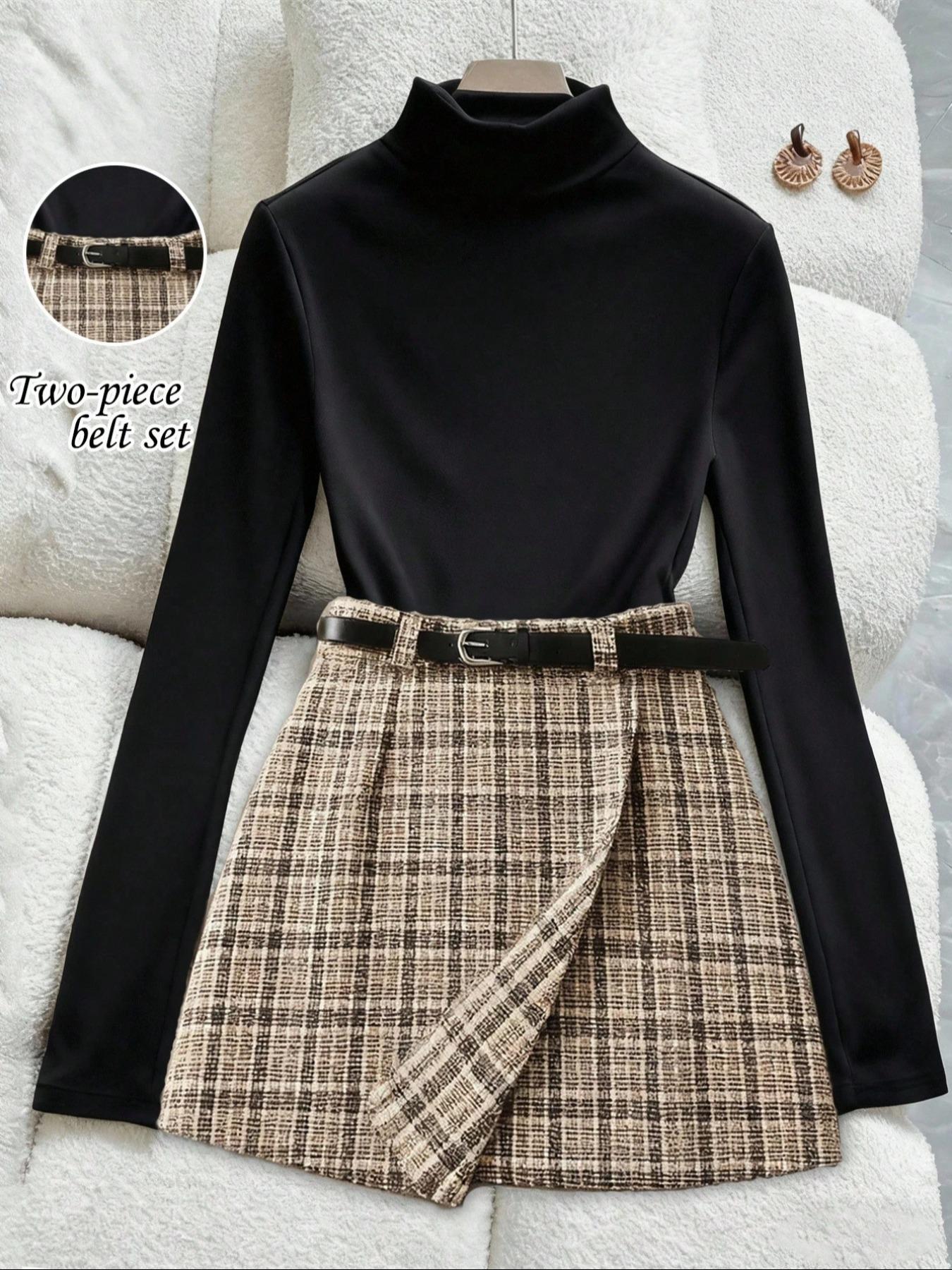 Elegant Women's Fall Knit High Stretch Long Sleeve Top, French Vintage Plaid Skirt Set with Waist Belt, Casual Commuter Two-Piece Suit