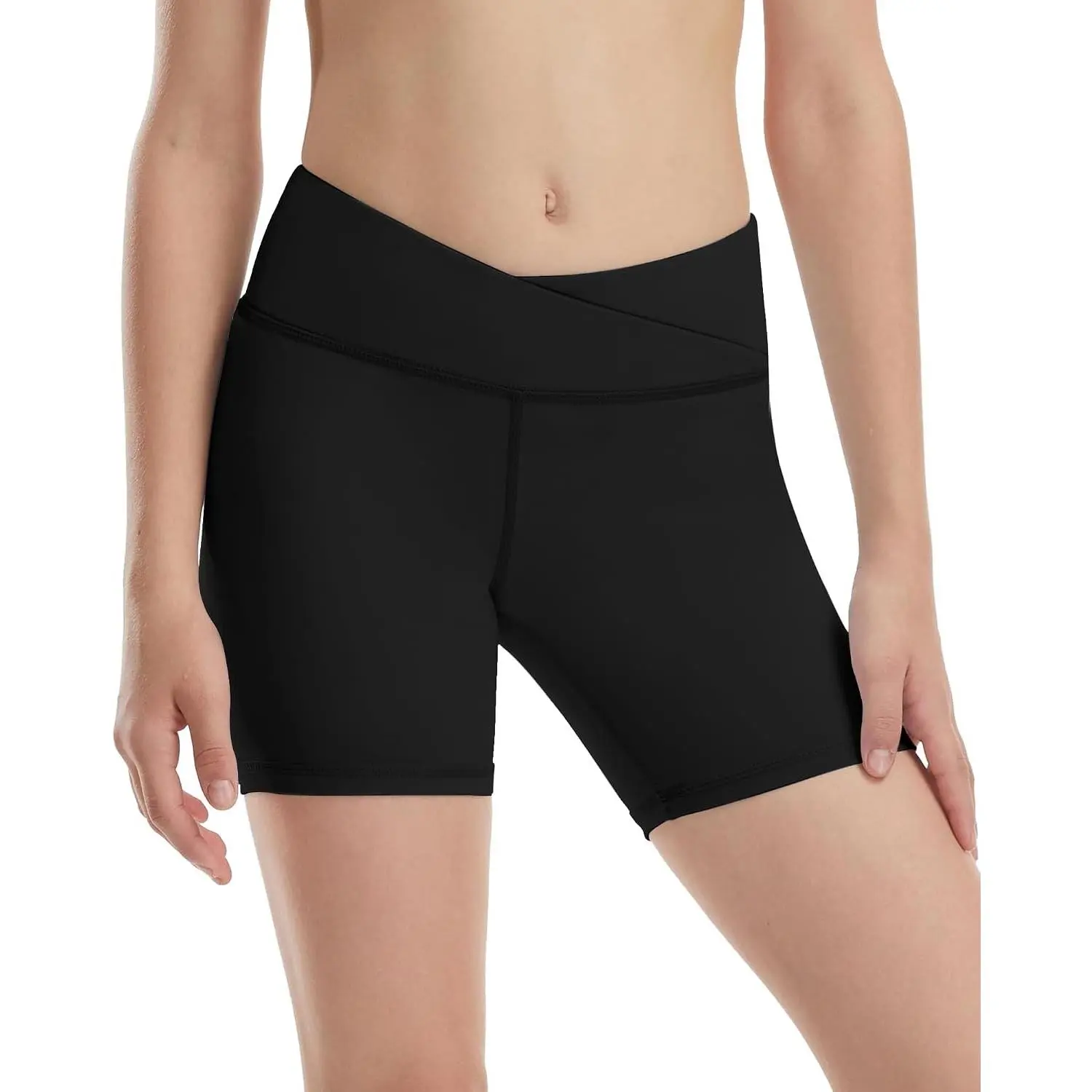 Girls Volleyball Shorts 5" Youth Spandex Biker Shorts Kids V Cross Waist Compression Dance Athletic Shorts