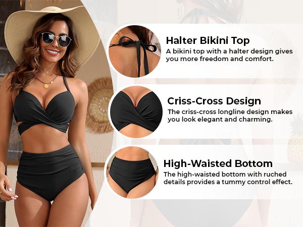 Tempt Me High Waisted Underwire Bikini Sets - Women Two Piece Swimsuits Halter Bathing Suits with Tummy Control Bottom