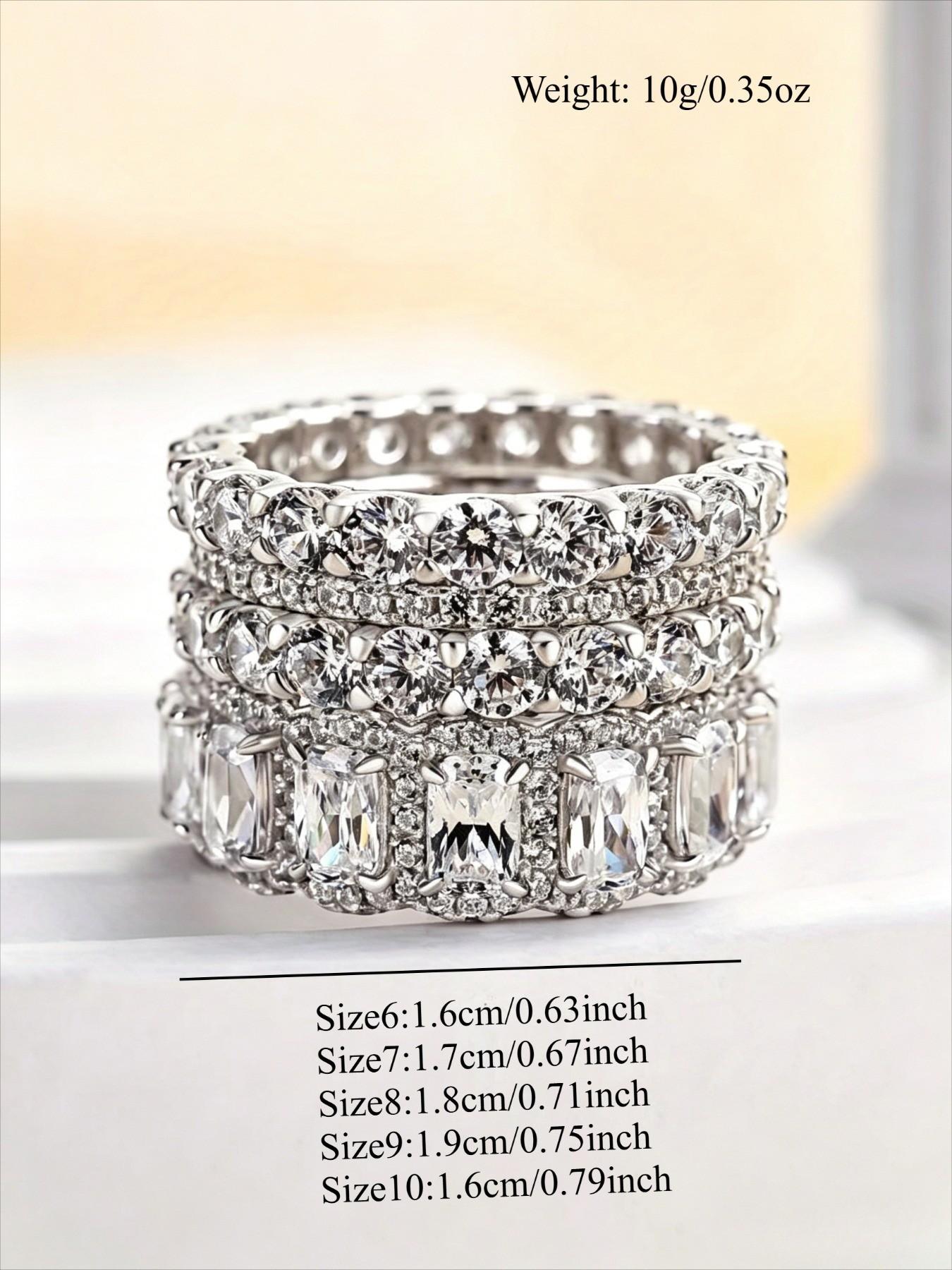 4pcs/set Luxury Inlay Shiny Zirconia Ring Set for Women Wedding Banquet Party Magnificent Stacking Jewelry Valentine'S Day Anniversary Gift Statement Rings