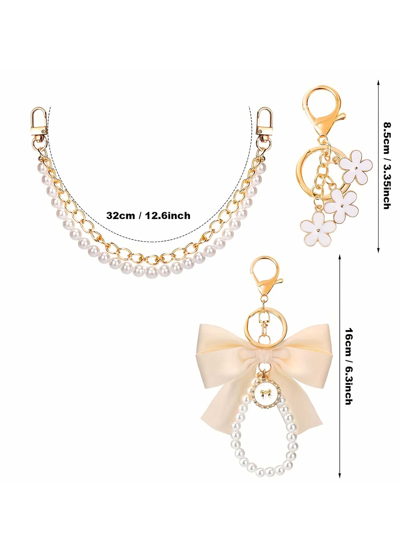 3pcs/Set Elegant Metal Bag Charms & Keychains Set-Double Layer Faux Pearl Bead & Chain Purse Charms,Decorative Bag Chain Handbag Decoration Purse Bag Extender Chain Bag Strap Purse Charms Accessories Keychain Kawaii Accessories For Bags