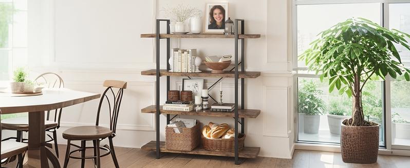 4-Tier Industrial Bookcase, 47 Inch Wide Wood Bookshelf, 120lbs Shelf Capacity, Rustic Open Shelving Heavy Duty Display with Reinforced Horizontal Brown Shelves for Living Room Bedroom Office 4-Tier Industrial Bookcase, 47 Inch Wide Wood Bookshelf, 120lbs Shelf Capacity, Rustic Open Shelving Heavy Duty Display with Reinforced Horizontal Brown Shelves for Living Room Bedroom Office