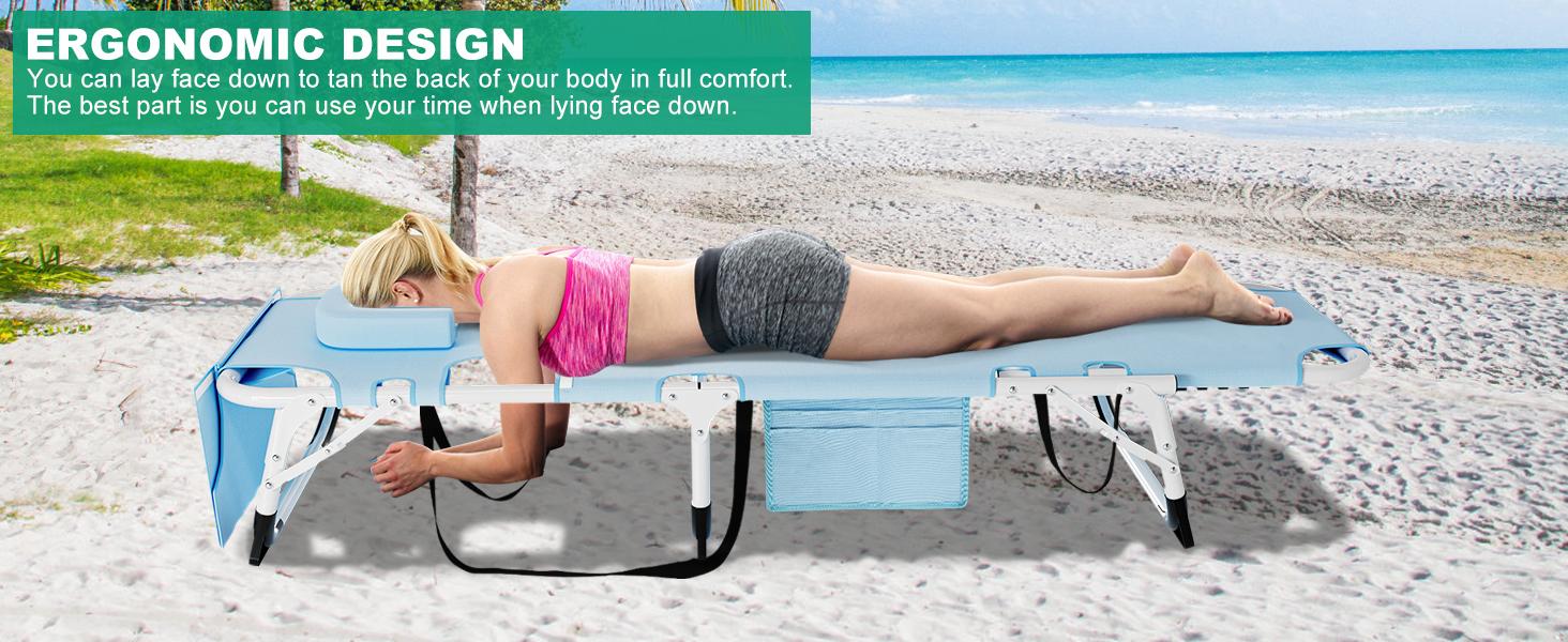SLSY Oversized Face Down Tanning Chair with Face Arm Hole, Adjustable 5-Position Folding Lounge Chair with 2 Sided Cushion & Pillow, Folding Beach Chair, Folding Camping Cot Bed