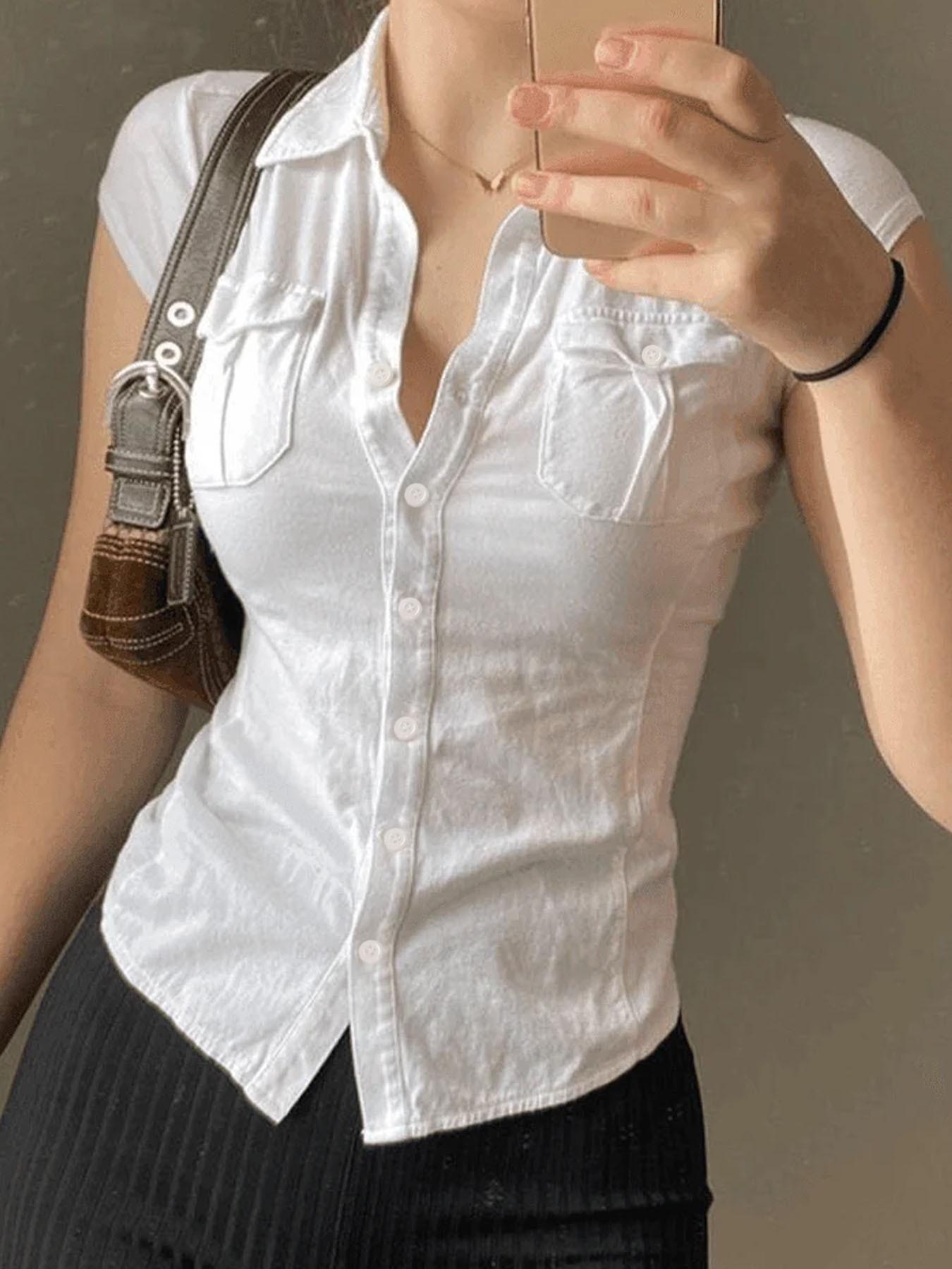 Women's Vintage Fitted Cap Sleeve Button Up Blouse, Solid White Asymmetrical Hem Crop Shirt, Casual Office & Street Outfit