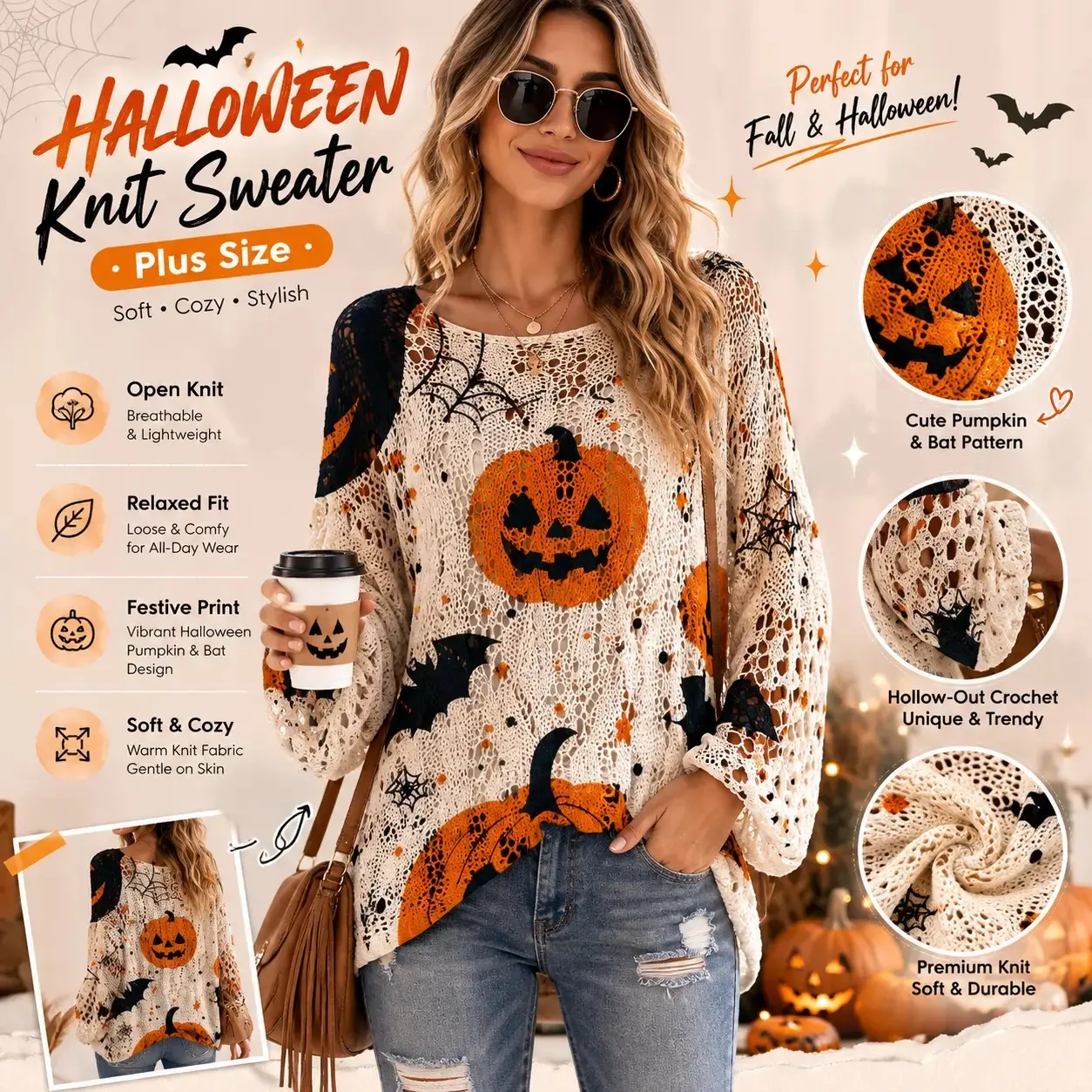 Women's Long-Sleeve Style Knitwear Piece, Halloween Pumpkin-Bat Print Casual Fall Pullover, Trendy Women's Clothing for Ladies,sohochic