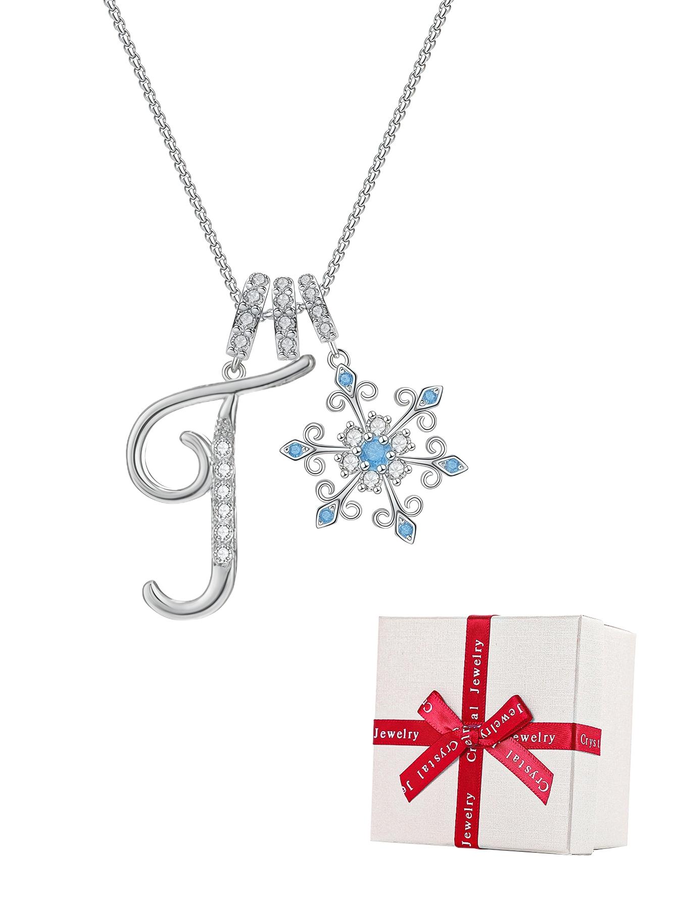 Snowflake Initial Necklace with Blue Rose Jewelry Box, Included Jewelry Box, Letter Pendant for Women, Birthday Christmas Gift for Wife Mom Girlfriend Daughter