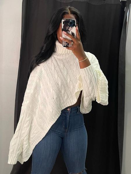 Women's Textured Split Sleeve Turtle Neck Cropped Sweater, Casual Solid Color High Neck Long Sleeve Jumper, Women's Knit Clothing for Daily Wear