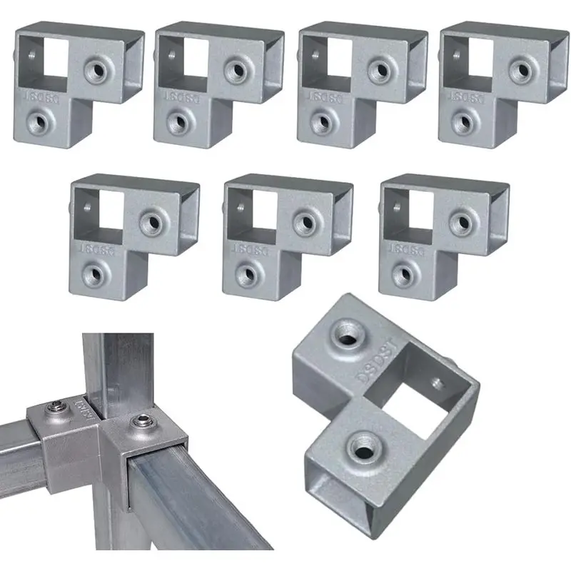 Set of 8 90-degree square tube tees, aluminum alloy L-shaped square tube fittings, suitable for square chain-link fence railings and square tube clamps for pipe connections