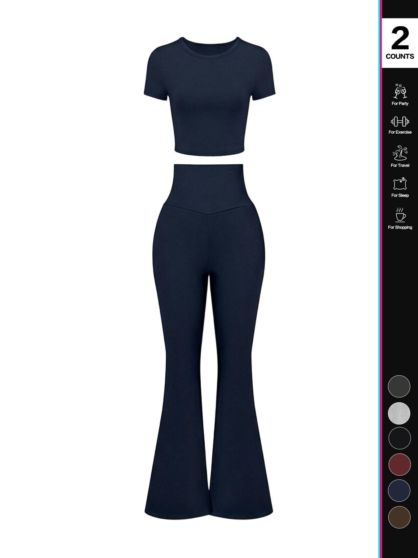 Women's High Waisted Flare Pants Set, 2 Piece, Short Sleeve Cropped T-Shirt Top, Bell Bottom Workout Sets, Casual Fashion, Athleisure Wear